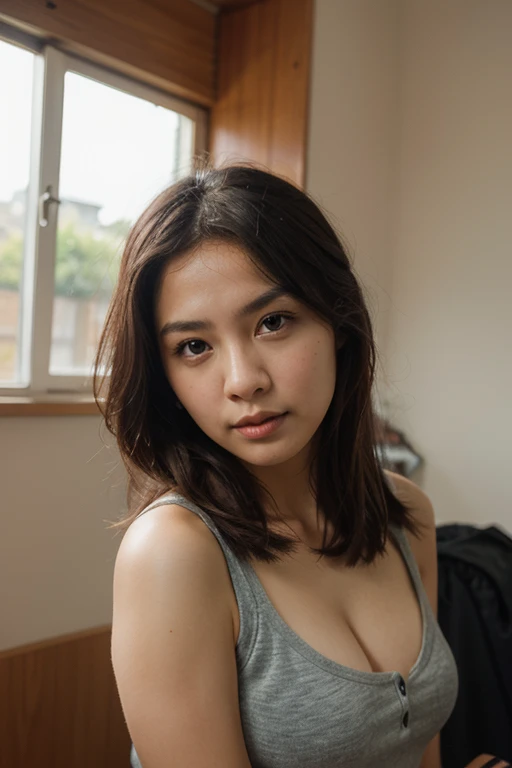 Ultra-high quality photos, RAW photo, beautiful detailed face and eyes, (photorealistic:1.4), best quality, highres, realistic, 16k, caustics, Core shadow, dynamic light, beautiful and delicate lips, delicate fingers, detailed pupil, real human skin, (Extremely detailed), RAW photo, nsfw, panty shot, sitting woman, 25 yo, (bangs hair:1.2), faint lips, cowboy shot, from above, (sepia hair,  side ponytail hair:1.36), smile,
(freckles, mole:0.2), (skin spots, acnes, skin blemishes, age spot, lanugo, pimple, blood spot, dirty,:0.2)
(in the Basement:1.3), her peaceful expression and gentle breathing create a calming atmosphere