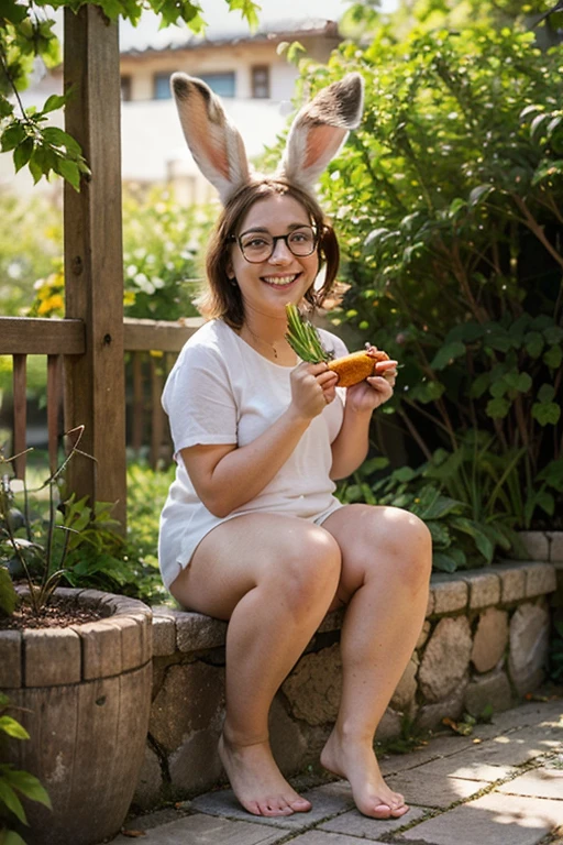 a white-skinned woman with short brown hair in a bunny costume holds a large carrot in her hands, in the garden bed