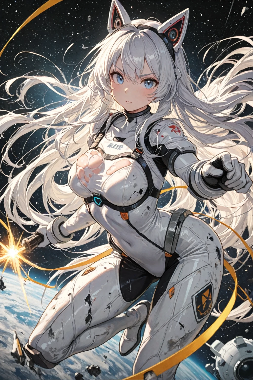 masterpiece, Highest quality, High resolution，Follow the on-screen instructions、Anime Style、Follow the prompts、One Girl、Long silver hair、、universe space、Confused、Spacesuit、Spacewalk、Reaching out to the earth、Adrift in Space、Panties flashing、Large Breasts