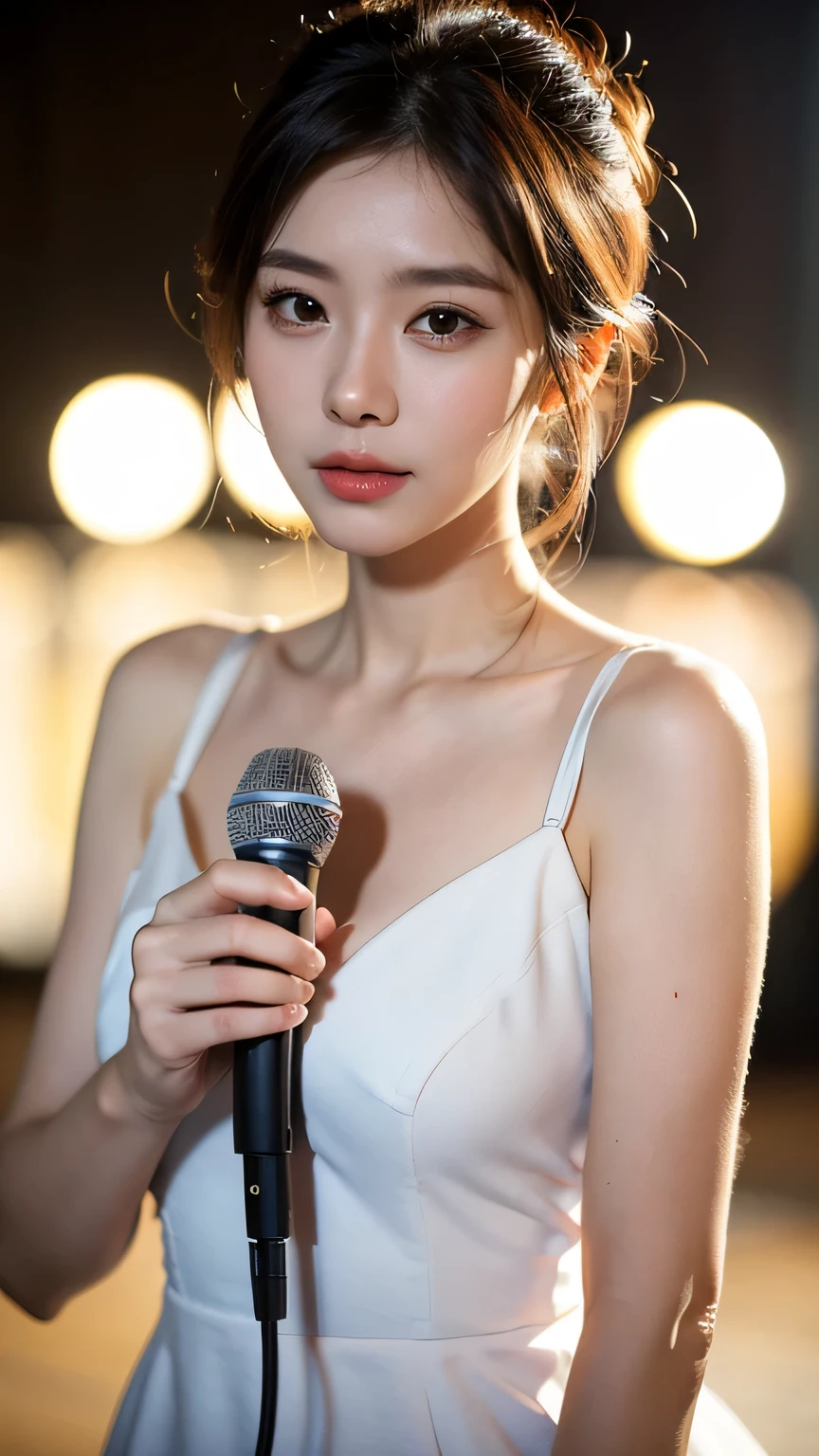 (masterpiece:1.3), high resolution, ultra detailed, extremely detailed CG unity 8k wallpaper, realistic, photo-realistic, RAW photo, beautiful detailed face, pale skin, realistic glistening skin, detailed cloth texture, detailed hair texture, Perfect body, Beautiful Face, accurate, Anatomically correct, Highly detailed face and skin texture, natural neck length, (beautiful hands), (fair skin:1.1), (well-aligned teeth:1.1), (Sweaty skin:1.2),
BREAK,
Detailed eyes, symmetric eyes, Light Brown eyes, Double eyelids, Thin eyebrows, (Glossy lips:1.4), ((A face with waiting for a kiss:1.2)), (blush:1.1), (A sparkling small hair accessory:1.1), (beautiful smile:1.1), (having microphone:1.3),
BREAK,
(A classy and Cute idol:1.3), (nude, nsfw, nipple:1.4),
BREAK,
medium large breasts, slender figure, firm abs,
((half updo, black hair, bangs:1.2)), (cowboy shot:1.2), (looking at viewer), cowboy shot, From above,
BREAK,
(singing on stage:1.3),