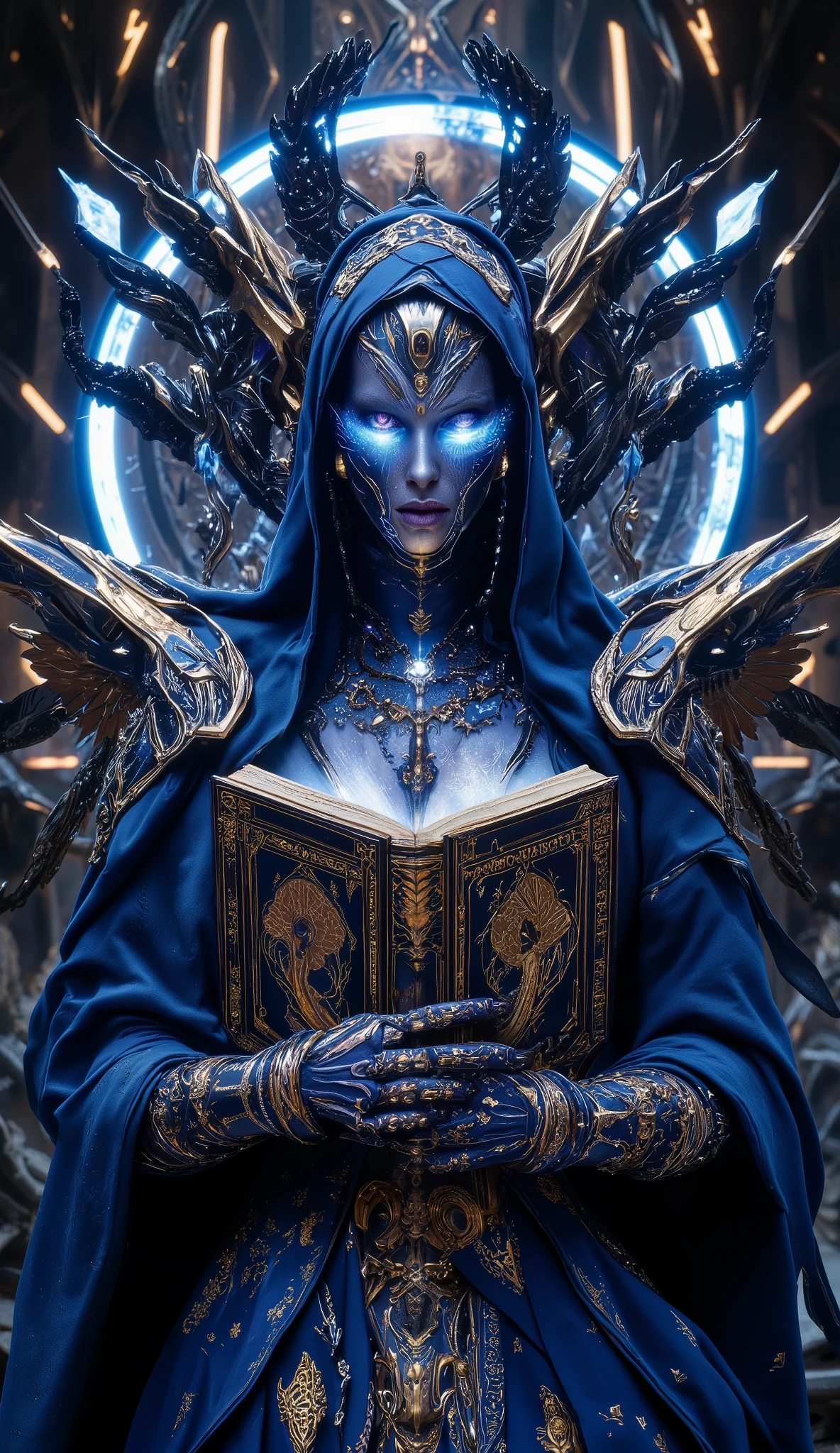 Surreal Painting, An extravagant, mysterious female figure dressed in intricately embroidered cobalt blue medieval clothing that fits her form perfectly , A jeweled rosary necklace with a large crucifix rests on her shoulder,Allusions to a historical or religious background or past lives, her hands are tightly gripping a very ancient illuminated book of Alchemy glowing with ancient magics and Angelic Enochian magic, with arcane graphs and suggesting studiousness and contemplation, A number of abstract shapes and dragon heads, cyclops things and creatures of myth blend seamlessly around the mysterious figure's head,Set against a vivid , an alien cosmic montage of strange vistas of backdrop, Jagged iridescent geometric shapes, The background features celestial bodies such as planets and moons,Above these shapes are disarticulated eyes,Adding to the dreamy, mysterious atmosphere, The scene is set in a dark, expansive temple open to the sky, Suggesting a journey through time and space, The contrast of light and shadow, Fantastic Mood, A visually appealing piece, Deep symbolism, Various interpretations.