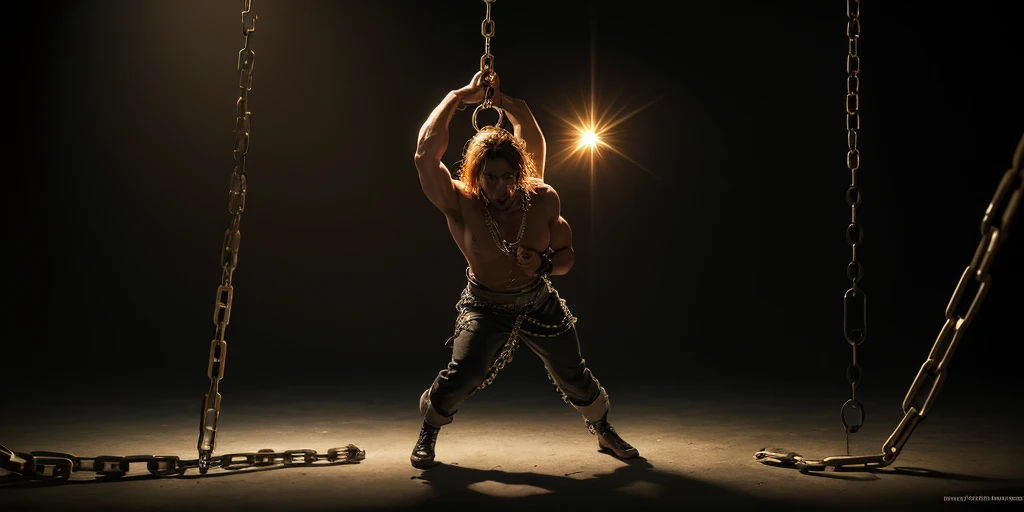 strong dead man , body hanging ,tied with glowing chains , trapped in pillars, dramatic lighting, dark atmosphere, intense shadows, muscular physique, broken chains, determined expression, biblical theme, epic scene, powerful emotions