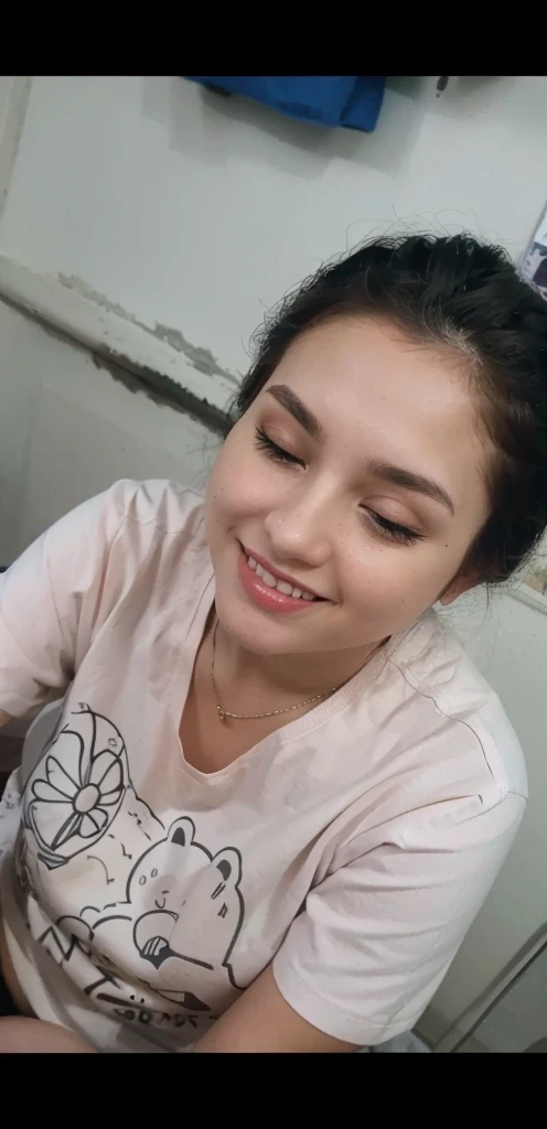 Masterpiece, realistic, best quality, best lighting, 1 pretty girl with angelic face, full body photo solo, beautifully makeup, eyeshadow, Parted Lips, Detailed Eyes, beautiful big eyes, long eye lashes, smile, wearing ((Dark blue satin headscarf)), loosely tide hijab style, ((full NAKED, very big breast)),lying on a bed