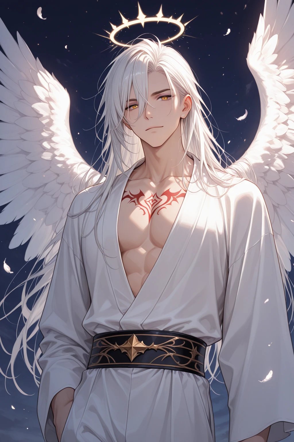 A highly detailed and ultra-realistic illustration of an elegant anime-style male character with long, flowing silver hair and fox ears. He has sharp features, pale skin, and intense golden eyes, looking to the side. The image captures him from the waist up, showcasing his loose, open shirt and well-defined chest. The background is simple, focusing on the character's intricate details and graceful presence