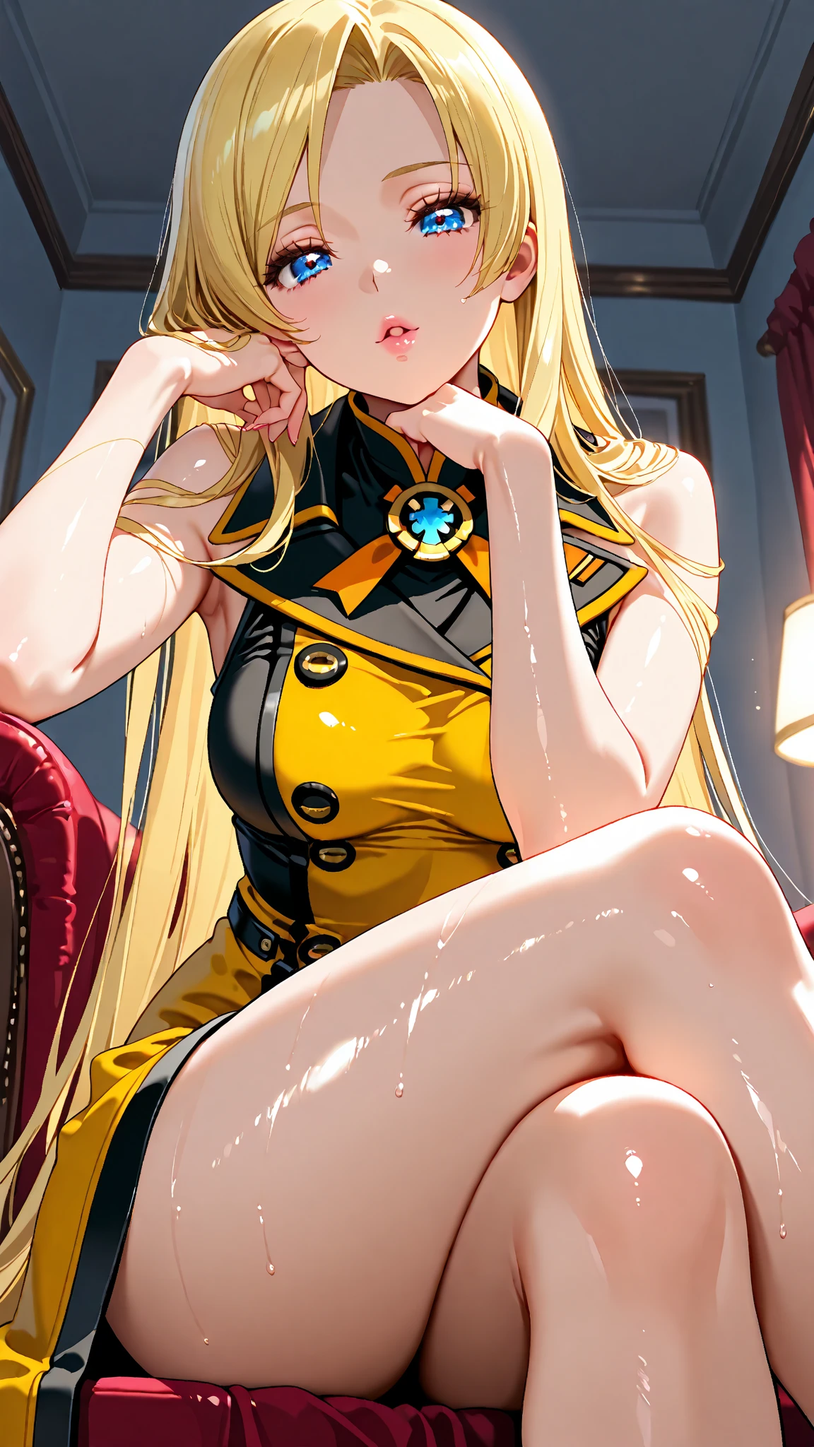 Hentai, Japanese female student, yellow hair, Beautiful face, Miniskirt, stockings, Playful face