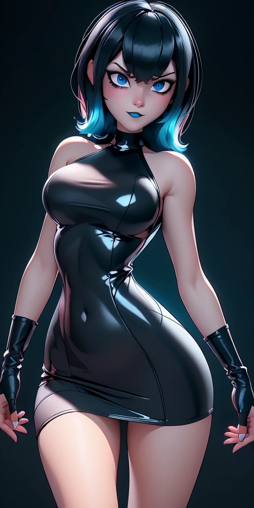 (masterpiece, top quality), (medium),official art, beautiful and aesthetic:1.2),(gwen:1.3), (fractal art:1.3), Aletta ocean face, total drama island, (teal hair), ((black button up shirt)), from side, (slendered abs:1.2), ((choker around neck)), black skirt, (cleavage:1.2), black boots, looking at viewer,(((black lipstick))), stars in the background,((black gloves)),((gigantic breasts:1.5)), (short hair),((ultra detail eyes:1.5)),((extremely detailed CG unity 8k wallpaper,masterpiece, best quality)), ((ultra-detailed:1.5)),(best illumination, best shadow, an extremely delicate and beautiful),(extremely detailed CG unity 8k wallpaper,masterpiece, best quality, ultra-detailed),(best illumination, best shadow, an extremely delicate and beautiful),(masterpiece), digital art, otherworldly, a burst of color, explosive energy, chaotic beauty, (hair flowing:1.2, hair glowing), (background: broken, shattered, fractured), (light: flickering, pulsating, radiating).