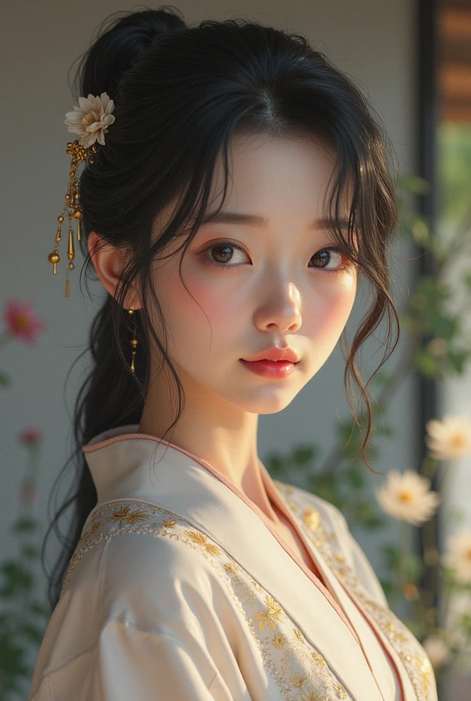 best quality, masterpiece, highres, wuxia 1girl,blush,(seductive smile:0.8),star-shaped pupils,china hanfu,hair ornament,necklace, jewelry,Beautiful face,upon_body, tyndall effect,photorealistic, dark studio, rim lighting, two tone lighting,(high detailed skin:1.2), 8k uhd, dslr, soft lighting, high quality, volumetric lighting, candid, Photograph, high resolution, 4k, 8k, Bokeh
