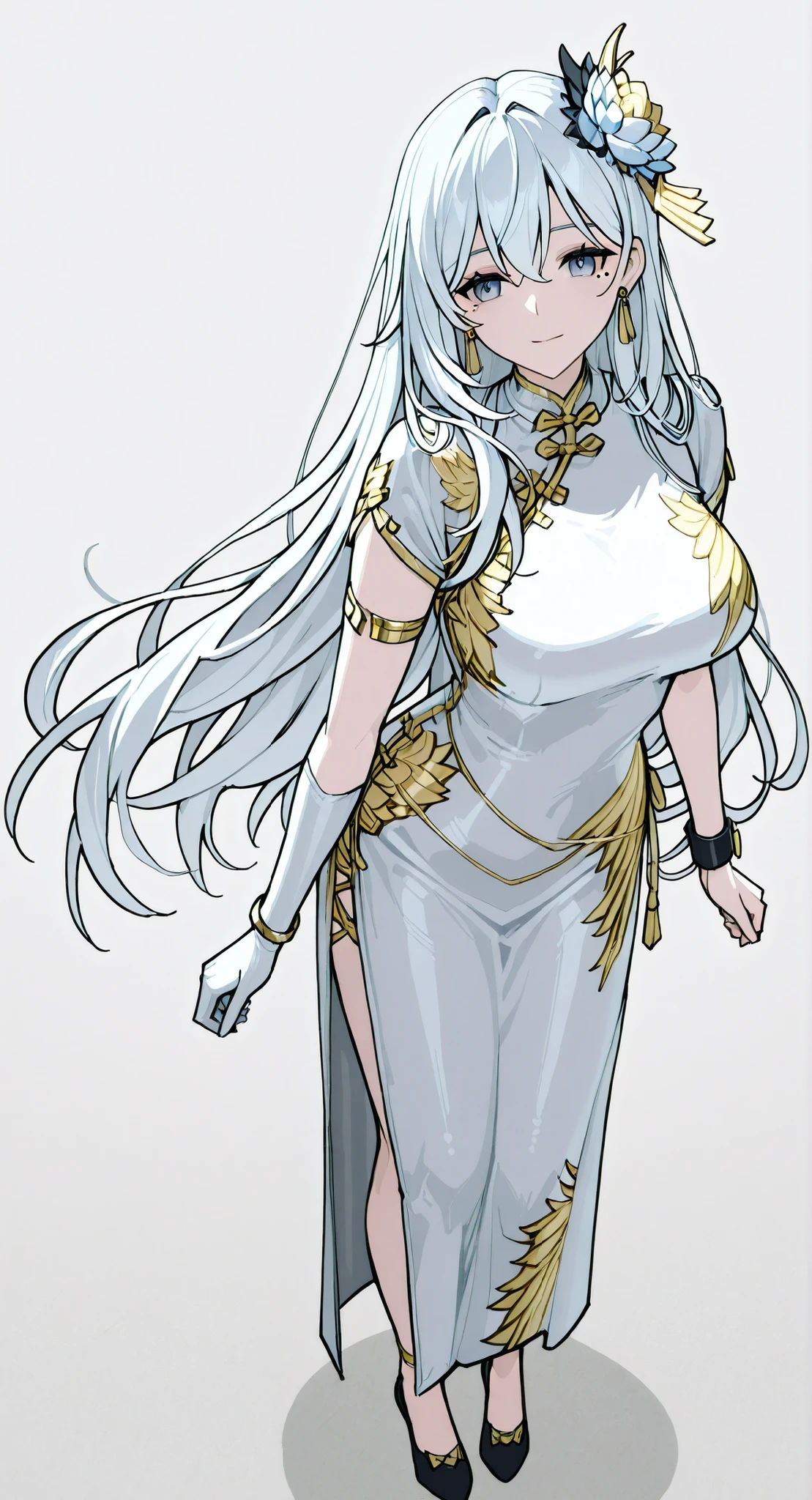 Illustrator, anime , Realistic ,sketch , 1 person, model, Age 25, lip, Sexy and revealing white and gold sheer priest dress(Holy Gun), order, Blue gradient background, Neon Hair, Big Breasts, Her cleavage is visible, look back, Upper Body, Sexy look, Texture Trim, Russia, (masterpiece,Highest quality)