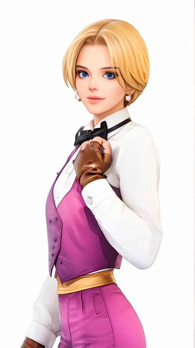 (masterpiece, best quality, high resolution, unity 8k wallpaper, extremely detailed CG:1), (illustration:1.0), kingms, 1girl, solo, gloves, bow, fingerless gloves, pants, shirt, vest,