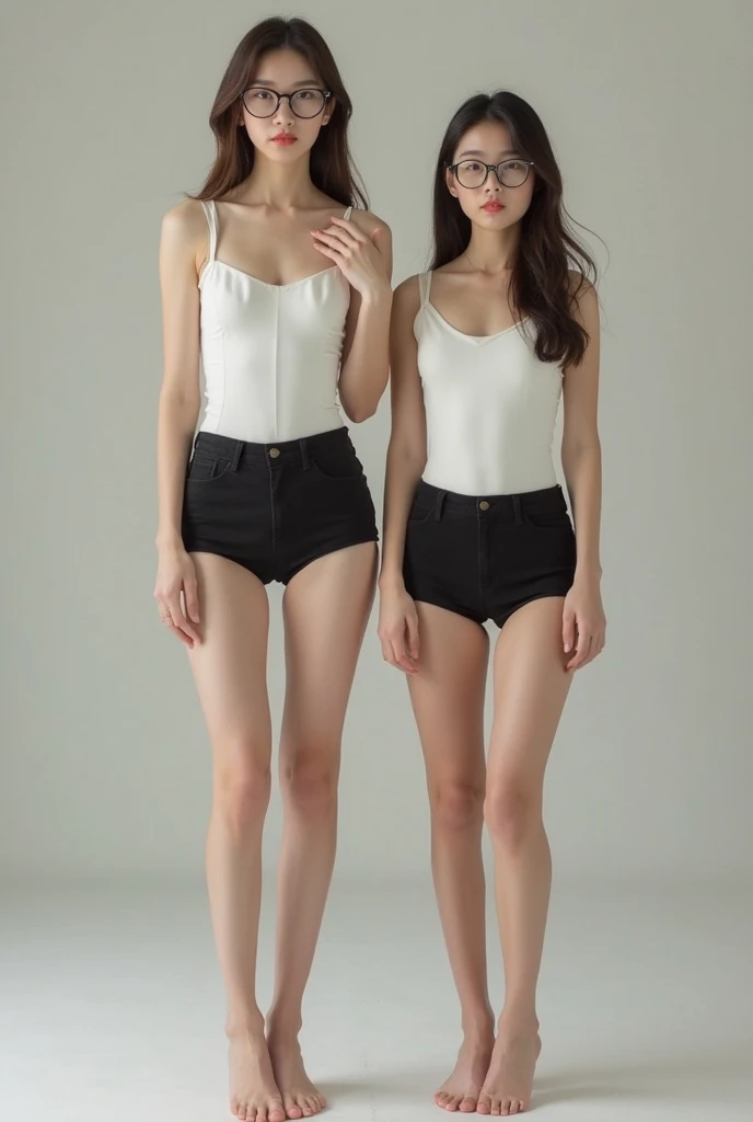 (((2  girls,Duo,Petting the))),Clear black camisole vest、Slim 10 year old blonde Russian girl、Exposing armpits、(full body seen:1.3)、(Frame from head to toe:1.3)、