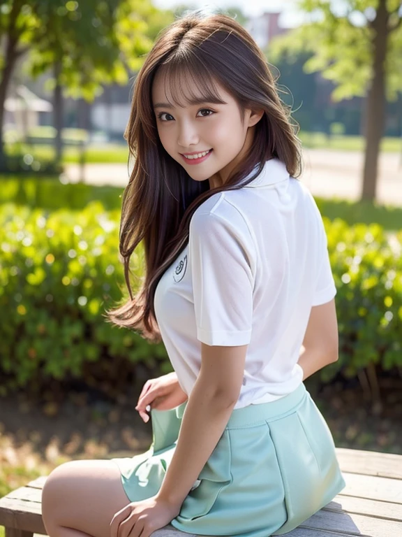 ((best qualtiy, 8K, tmasterpiece:1.3)),Focus:1.2, female high-school student,wooden cabin,(A look of determination)(adolable),delicated face,Long hair waist-length,long hair flowing,Tilt your head,ssmile,Hair details,Delicate Full Body Portrayal,Delicate depiction of the face,Best picture quality,A high resolution,细致背景,Delicate portrayal,exquisitedetails,Rich in detail,Facial strengthening,(crop tops,short skirt),with blue sky and white clouds,wooden cabin,Sitting Among the Flowers,There are no bags under the eyes