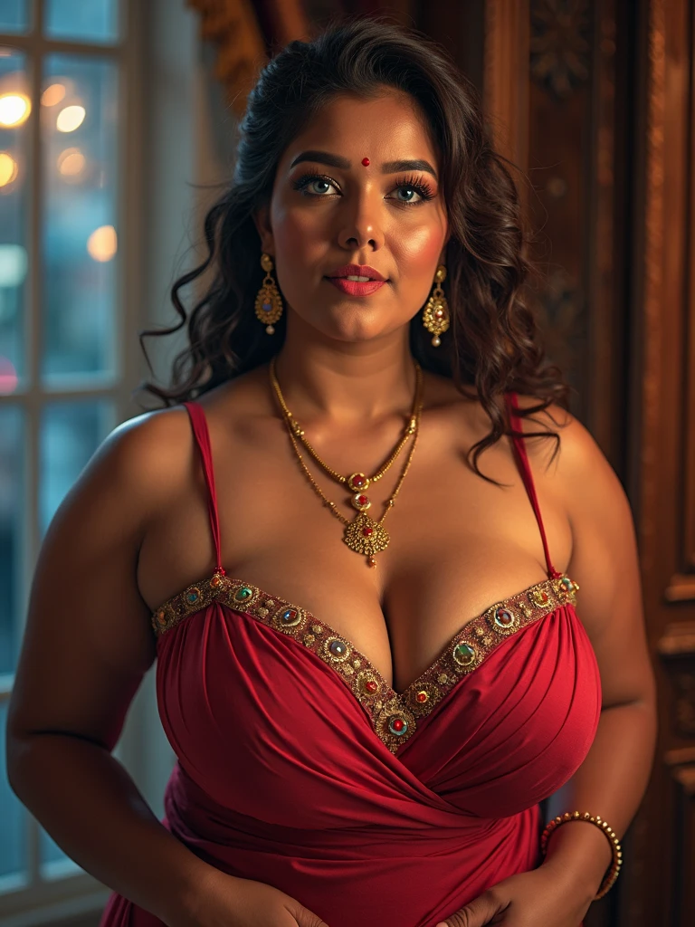 Looks like Indian Actress Nayanthara, actress Nayanthara, mallu, mallu aunty, desi aunty, full figured mature beauty, attractive figure, 48 years old, desi milf, desi aunty, a close up of a woman in a red dress in a bedroom, inspired by Avigdor Arikha, sleek!!!, indian super model, wavy hair combed to one side, actress, by Jitish Kallat, smoldering, intense smoldering, fashion, an angel, print ready, with a dramatic looking, inspired by Sudip Roy, seductive look