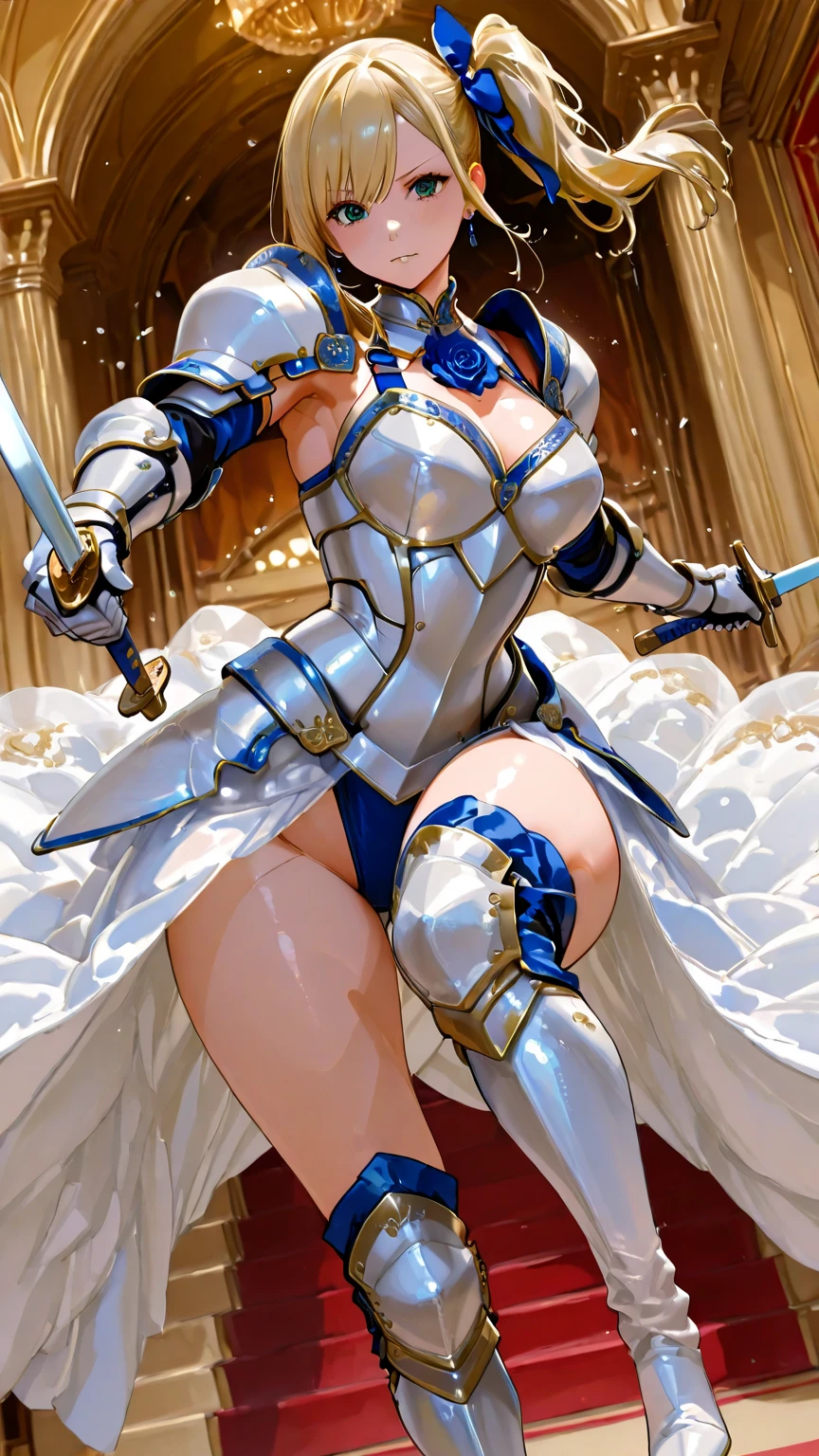 (Perfect Anatomy)、Mastepiece、Ultra High Quality、 8K、masterpiece、Highest quality、Ultra-high resolution、Maximum resolution、Very detailed、Professional Lighting、anime、woman、thin、so beautiful、Highly detailed eye、Highly detailed face、Golden earrings、blond and red hair, Blonde, hair bun, Yellow Eyes、Mid-chest,Valkyrie armor, full body, gold pattern, white super long boots, white long gloves, female martial artist, high heels, white clawed gauntlets, white cute headgear, fighting stance, gold knee armor