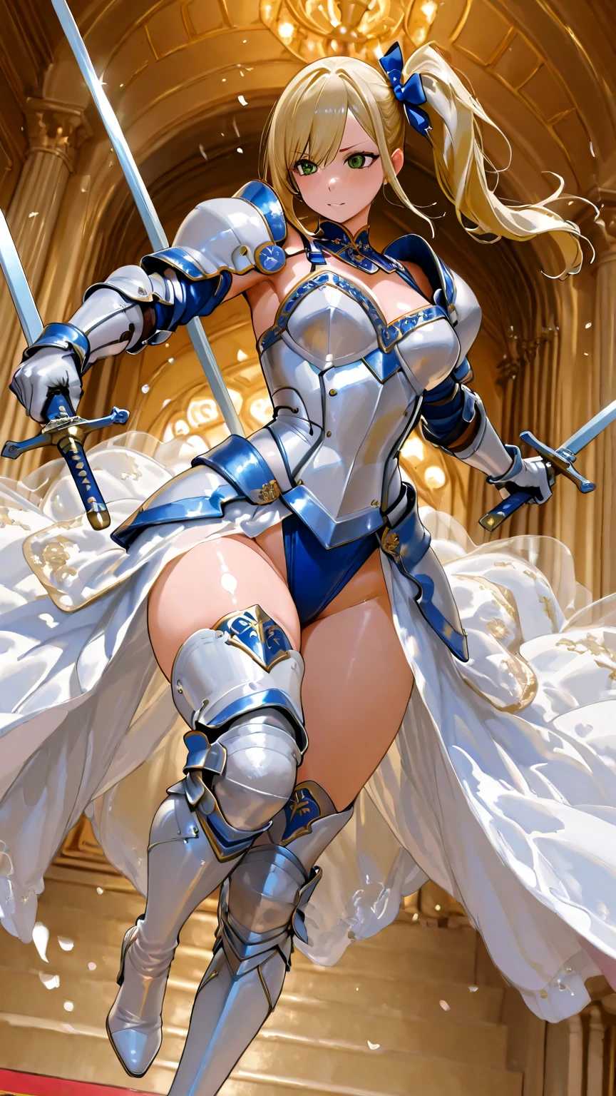 (Perfect Anatomy)、Mastepiece、Ultra High Quality、 8K、masterpiece、Highest quality、Ultra-high resolution、Maximum resolution、Very detailed、Professional Lighting、anime、Adult female、thin、so beautiful、Highly detailed eye、Draw the whole body、Armored Dress, Blue and white armor, , Golden decorated luxury tiara,Golden earrings,Frilly Armor,Light blue hair, blue eyes,White underwear、grassland, equipped with a spear, female spearman, lancer, dynamic angle, dynamic pose