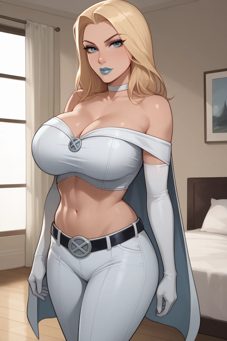 Evil Smirk, solo, Emma Frost, 1 woman, blonde hair, light blue eyeshadow, light blue lips, white leather bodice, midriff, cape, bare shoulders, cleavage, thigh highs, gloves, belt, white leather pants, mature women, blush, girl Laying on bed,
(insanely detailed, beautiful detailed face, beautiful detailed eyes, masterpiece, best quality), solo, 1boy, pov, missionary, girl sitting on pov laps, girl sitting on boy laps, cowgirl pose, pov grab girl Waist,