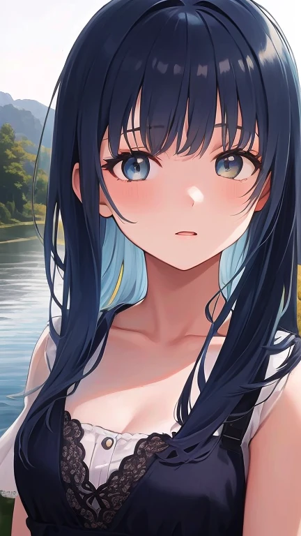 Hime cut with long black hair、Has straight bangs and blue eyes、A naked girl with big breasts is relaxing in a hot spring。She is soaking in warm water。The background features a traditional Japanese hot spring landscape.、Steam rises、Nature is all around。The girl has a calm and satisfied look.。