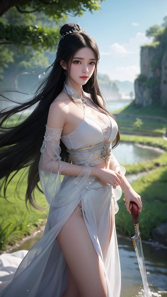 ((Best Quality, 8k, Masterpiece: 1.3)), Focus: 1.2, Perfect Body Beauty: 1.4, Buttocks: 1.2, ((Layered Haircut)), (Wet Clothes: 1.1), (Rain, Street:1.3), (Breasts: 1.2), (Hanfu: 1.2), Bare Shoulders, Bare Legs, Highly Detailed Face and Skin Texture, Fine Eyes, Double Eyelids, Whitened Skin, Long Hair, (Shut Up: 1.5), (Bokeh Background: 1.5), Big Breasts