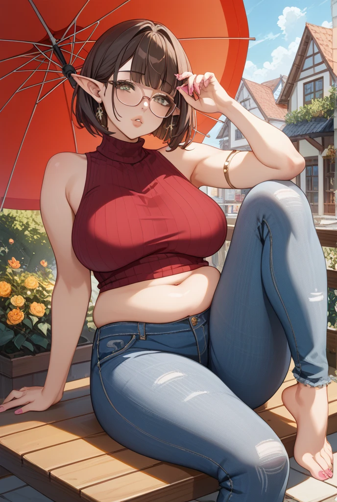 (masterpiece, best quality, glowing light, ultra detailed, detailed background, complex background), (perfect face, detailed face), (mature female, milf:1.4), full-face blush, thighs, parted lips, smile, thick thighs, half-closed eyes, marnie, 1girl, asymmetrical bangs, solo, twintails, looking at viewer, ribbon, hair ribbon, choker, jewelry, red ribbon, earrings, black choker, high heels, jacket, black jacket, pink thong, medium hair, long sleeves, open jacket, green eyes, fullbody (outdoors, garden, thighs, arms behind back)