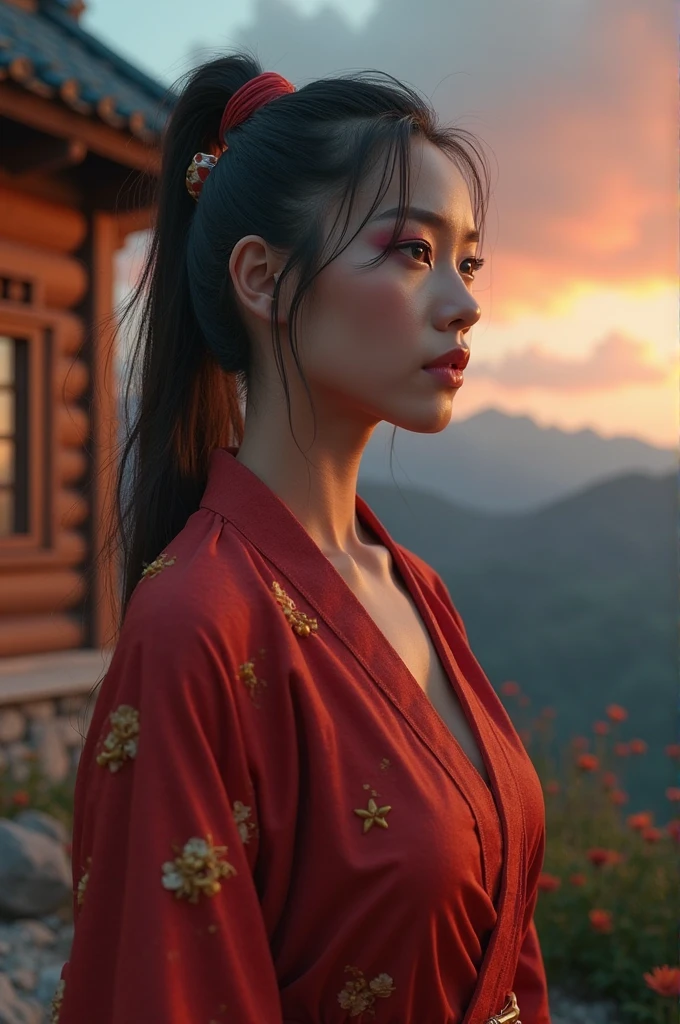 beautiful detailed woman in red kimono with open shoulders and legs, detailed face, beautiful breasts, sunset, highly detailed, 8k, photorealistic, dramatic lighting, elegant, cinematic, detailed hair, detailed fabric of kimono, beautiful scenery, vibrant colors, intricate patterns on kimono, depth of field, realistic skin tones