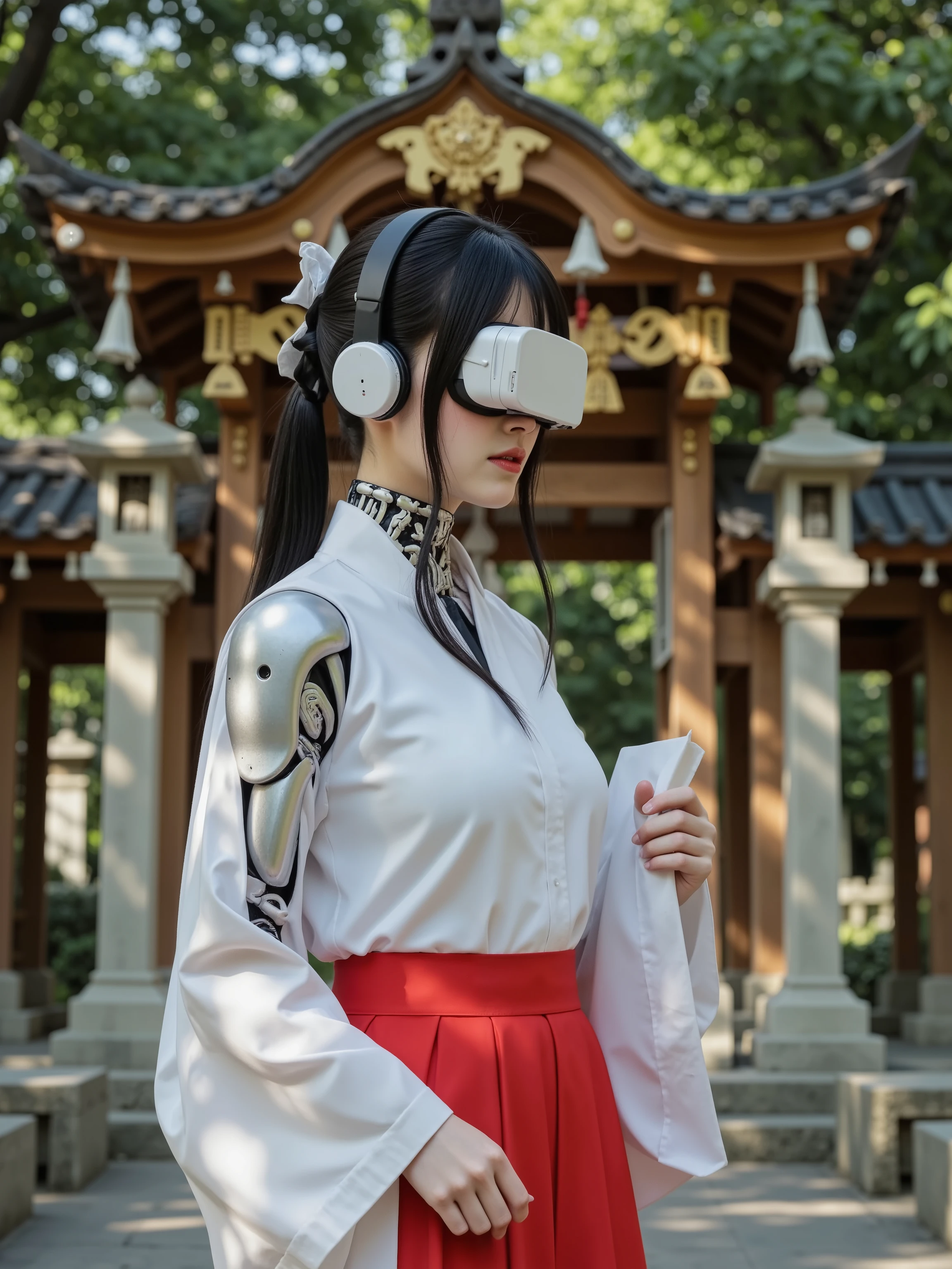 A humanoid female robot wearing a traditional Japanese miko priestess outfit consisting of a white haori jacket and red hakama pants stands in front of a wooden Shinto shrine building with a distinctive curved roof. The robot has metallic silver skin with visible mechanical joints and panels, and wears a modern black virtual reality headset covering the upper half of its face. The shrine features stone lanterns, wooden torii gates, and is surrounded by ancient trees with dense green foliage. The robot's face displays a subtle, enigmatic expression through its visible lower features. Professional photography with natural lighting and sharp focus on the subject against an architectural background.