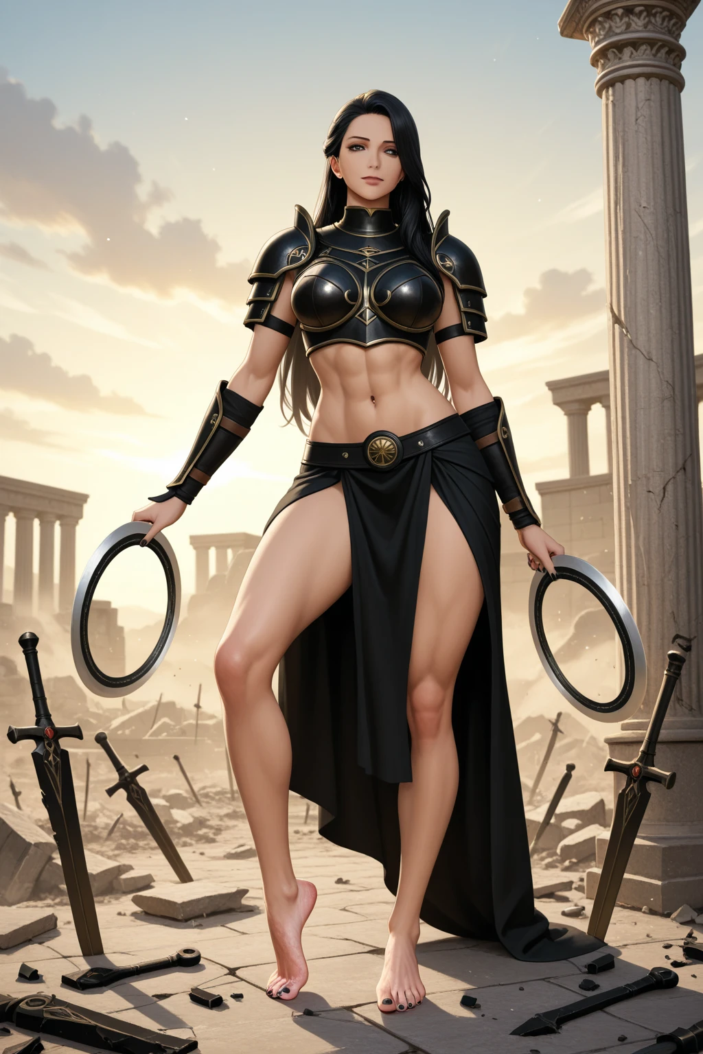 Full body photo, feet on the ground, view facing viewer, {{Laura/woman, big breasts, black+part gold+parts red/Spartan warrior costume/extremely short and tight on body, very white and pale skin, lots of tattoos on body and face, devilish smile}}, looking at the viewer with angry eyes, macabre marble temple background with blood stains on the walls. {{She has black hair, green eyes, Spartan weapons}}. God of War, high detail, anime, 16k, UHD, retina, retina, ccurate, anatomically correct, textured skin, super detail, high quality, award winning