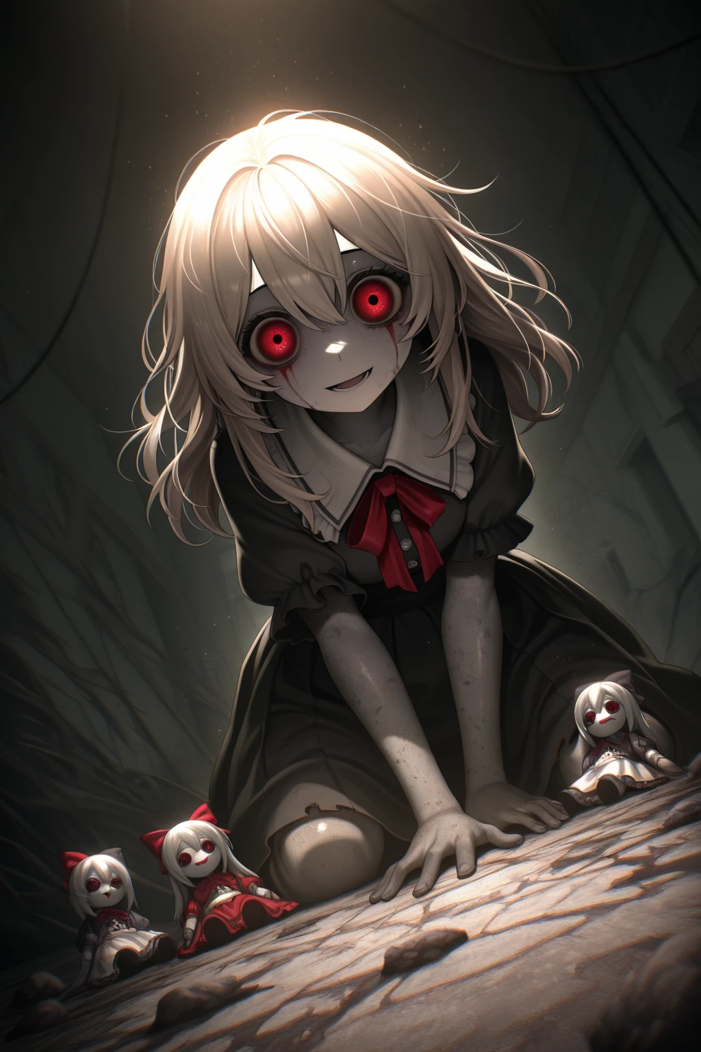 (high quality,photo-realistic:1.37),ghostly appearance,horrifying detailed face,scary glowing eyes,pale white skin,long dark hair,creepy smile,creepy atmosphere,dark room,nighttime scene,eerie shadows,sinister ambiance,haunting vibes,haunted house,spooky setting,old furniture,dust floating in the air,chipped paint on the walls,dimly lit candle,creaky floorboards,cracked windows,shadows playing tricks,ominous presence,mysterious aura,goosebumps-inducing,pulsating tension,feeling of dread,unsettling silence,sinister whispers