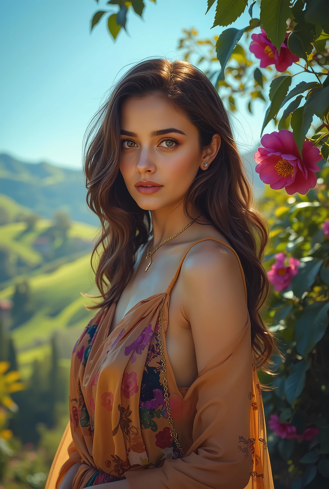 a beautiful Italian woman in the world, elegant Italian woman, photorealistic, 8K, high quality, detailed portrait, intricate facial features, warm skin tones, compelling gaze, graceful posture, flowing dress, ornate accessories, lush natural surroundings, scenic Italian landscape, rolling hills,vibrant colors,cinematic lighting,dramatic shadows,masterpiece,professional photography