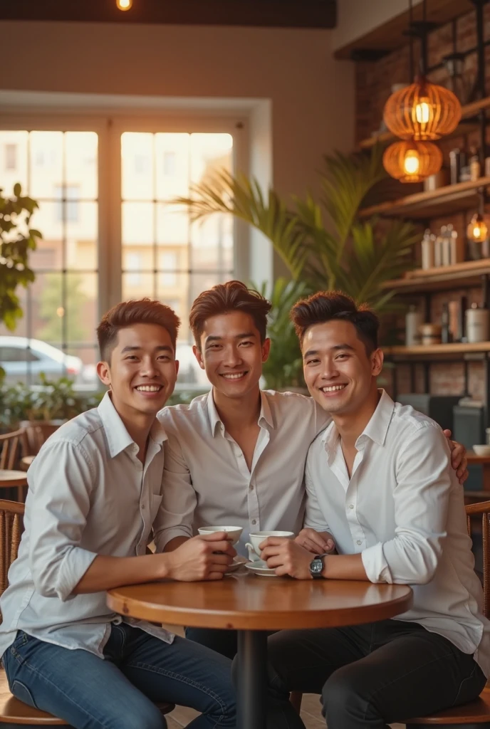 Super handsome Japanese men、Slightly droopy eyes、Healing、Muscular、Full body image、Drinking coffee