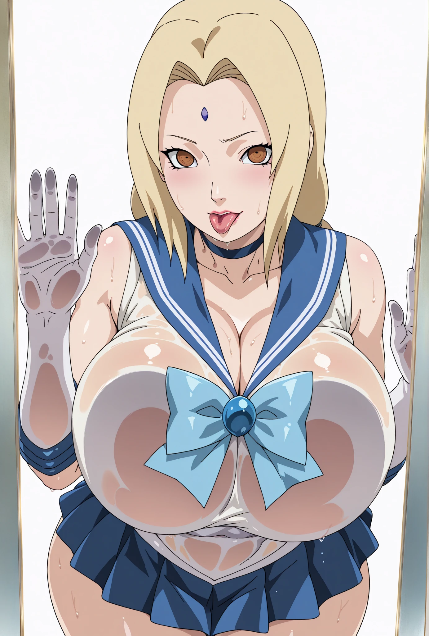 cheerleader , yawning with eyes closed , bun hair style , wearing necklace, on bed, kneeling with butts up, himiko toga, perfect breasts, sideboob, cleavage,
