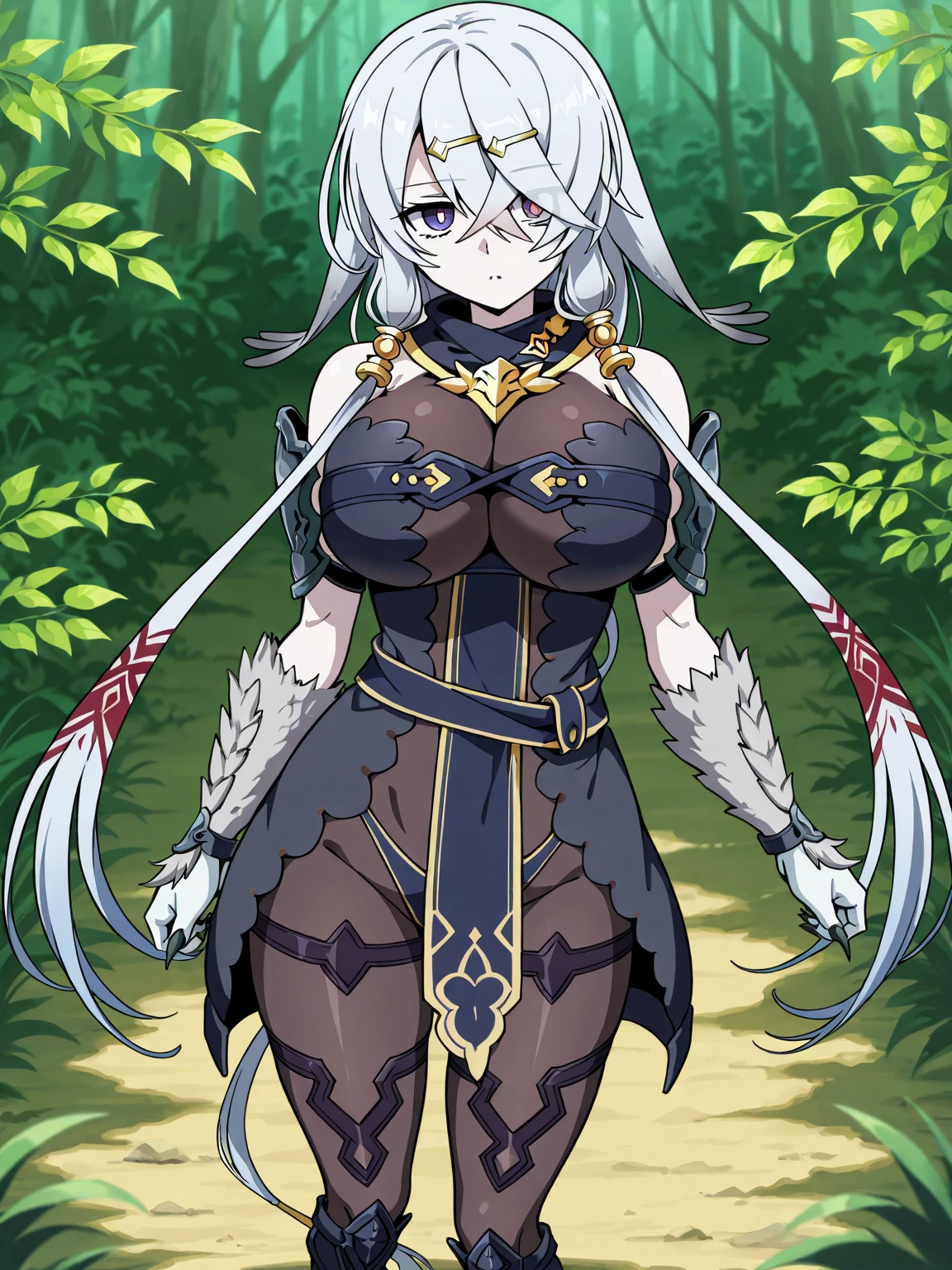"(masterpiece:1.1), best quality,
1girl, (80s anime style:1.3), (eyelashes:1.5), (loli:1.2),
(intricate high detailed body:1.2),
silver hair,
(forehead exposed:1.1), (long hair, twin bun:1.1), (demon horns:1.2),
red eyes, (thick eyebrows:1.1),
(muscular body:1.1), (small breasts, flat chest:1.1),
(evil smile:1.2),
(silver embroidery bikini armor:1.2), (garter belt:1.2),
(spiked knight armor, armored boots:1.2), (suspenders:1.1), (ahoge:1.2), neckwear,
standing, dynamic pose,
(upper body, cowboy shot, looking at viewer, from front:1.1),
(daytime, woods, grassland, outdoors:1.1)"