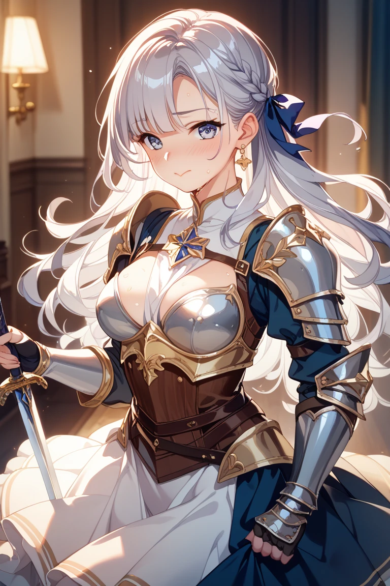 Movie Scenes, Fantasy art, Best image quality, Surreal Portraits,(8k),Ultra-realistic,最high quality ,high quality, High resolution, high qualityの質感,Attention to detail, beautiful, detailed, Extremely detailed CG,detailedなテクスチャ,Realistic facial expressions, masterpiece, in front,dynamic,bold,1 girl, One woman, Age 25, Light brown hair, Long Hair, Up Bang Hair, Floating Hair, Highly detailed skin,curve,,beautiful胸,Mid-chest),{最high quality}, {とてもbeautiful}, {Super detailed}, {最高のAn illustration}, masterpiece,{{{{{Skirt Lift:1.5}}}}},{{{{{Showing off her blue panties:1.9}}}}},garter belt:1.2,((Holy Knight)), Smooth breastplate, ((Platinum Armor))、((((Extremely detailed and intricately decorated armor:1.1)))),Red Cowboy Shot,smooth udder、big 、(Golden Ratio,Tabletop, 最high quality, 最high quality, Official Art, beautifully、beautiful:1.2), Very detailed, colorful,最高のdetailed,An illustration, Great scene, Asheria Costume:1.5, Asheria Costume:1.5, mini skirt,Knee socks, Thighs, gem, Blue Belt,Belt number 1),Course of action, A look of contempt ,From below,Sitting:1.9,Spread your legs:1.9, Lift your legs:1.8,