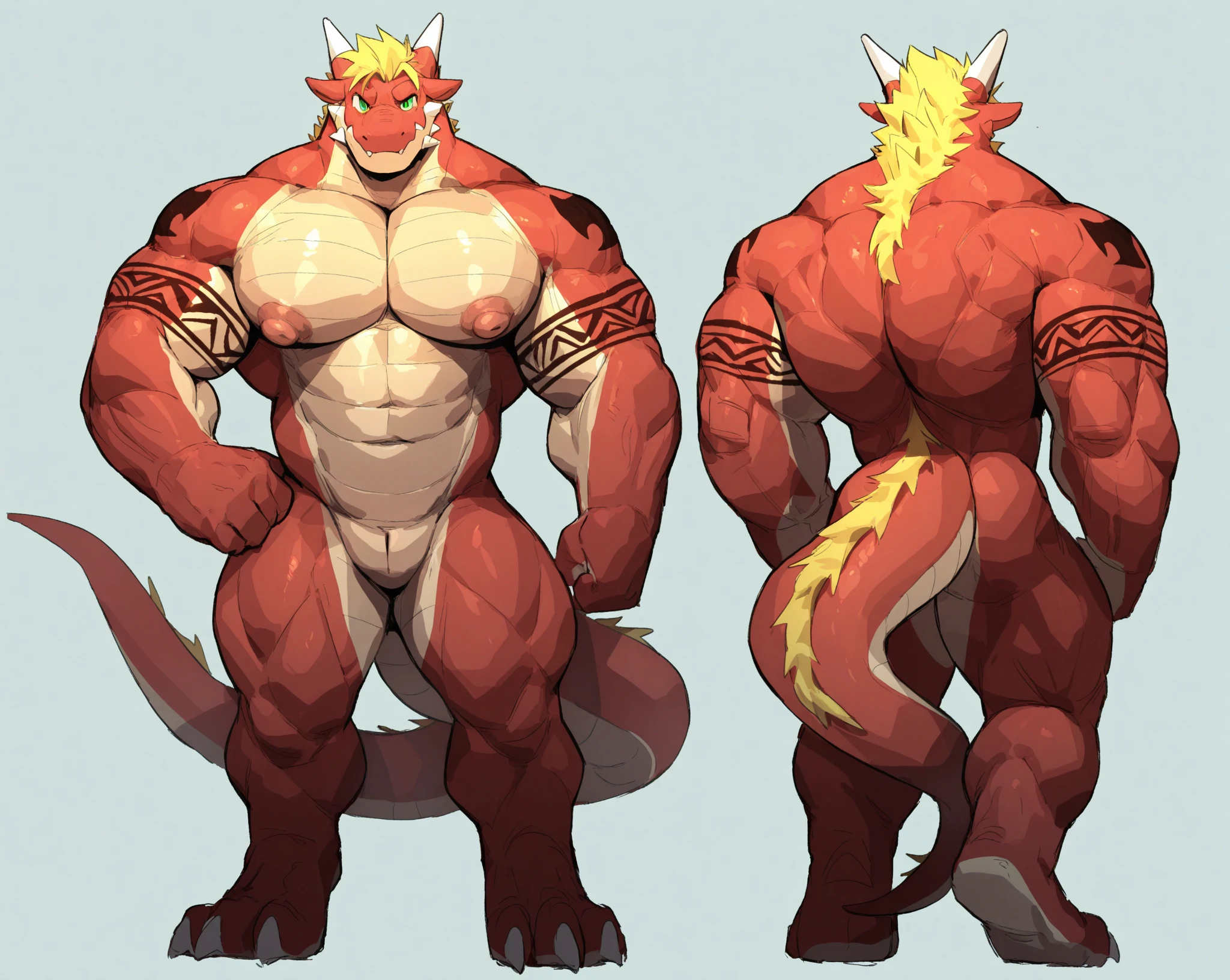 ultra-detailed, masterpiece, masterwork, high quality, best quality, hdr, (nature), posted on e621, (by darkgem ), nsfw, male, solo, chibi, ((nude, micropenis, foreskin, perfect balls)), (red body minotaur), dragon, (white chubby body), (long golden hair, yellow eyes), standing, from below, dynamic angle