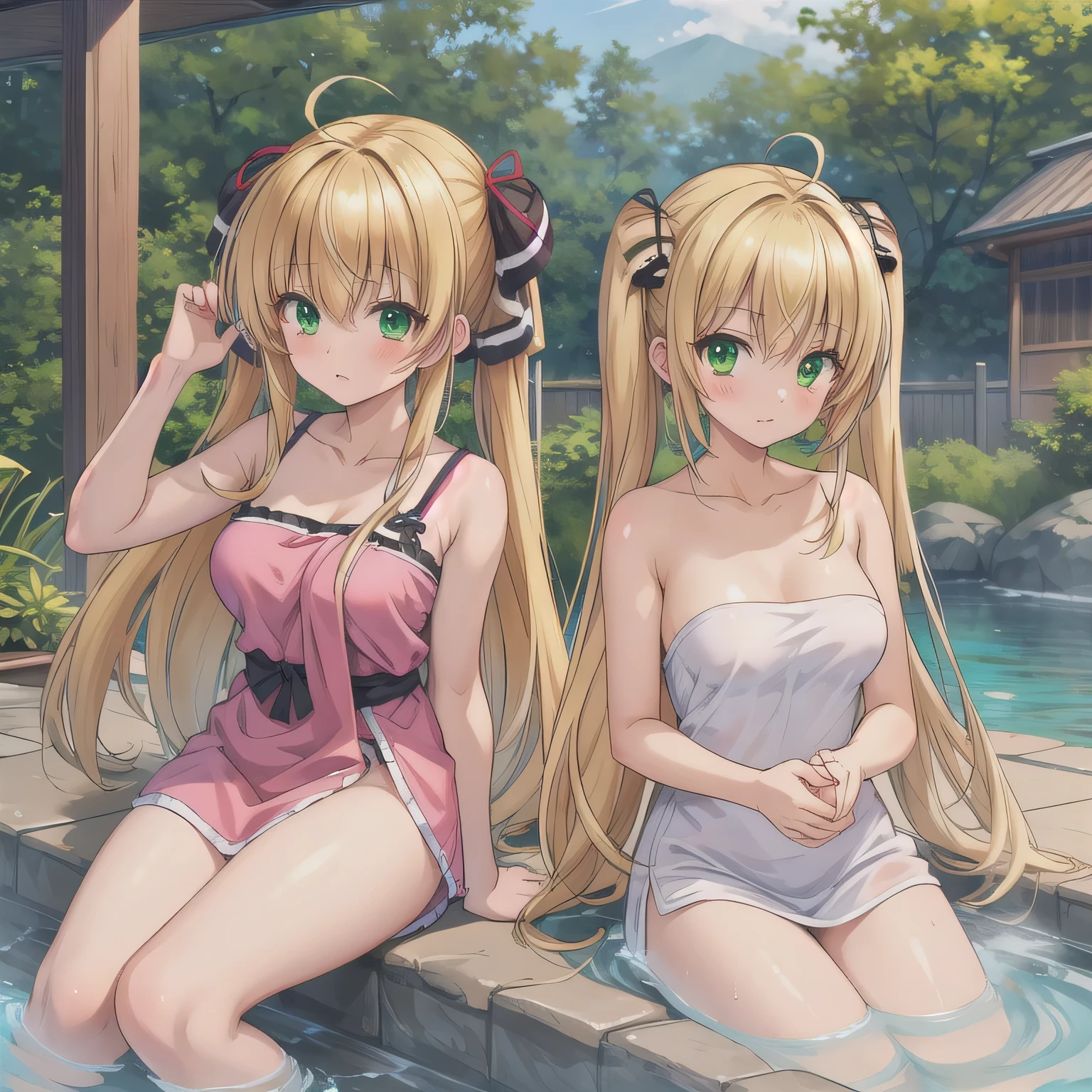 Masterpiece、Highest quality、Super detailed、(1 girl)、Big Tits、Cleavage、Blonde、Fluffy and soft long hair、Pink bristles、Light of the sun、smile、choker、Pink Lipstick、Lying down、Embarrassed face、bath、Bubble、Peeing