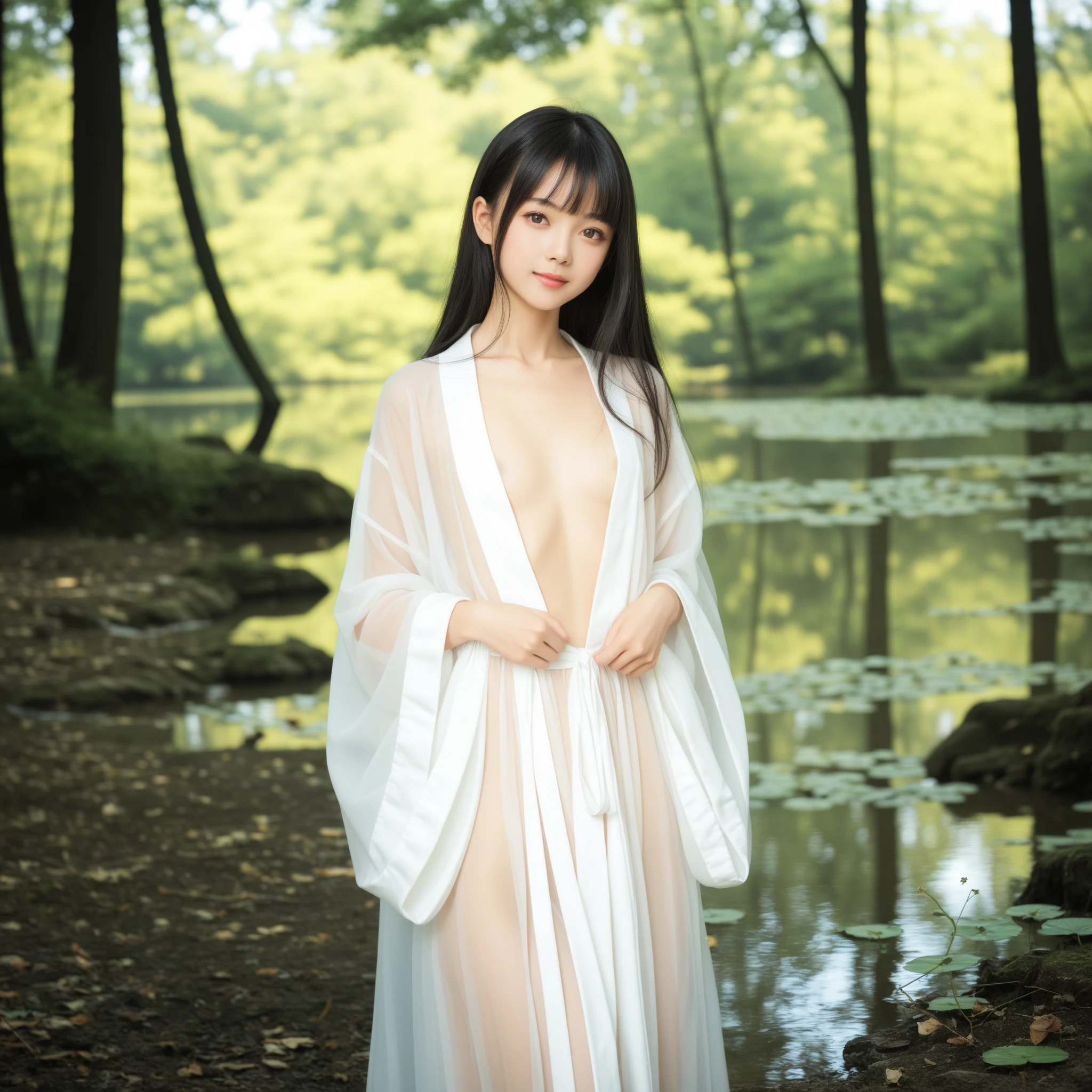 Morning fog in the forest. Full body portrait of woman in oil painting.She walked barefoot on the soft dead leaves. Wearing a white dressing gown.Her long black hair hangs down casually.She has a beautiful face.But with a sad look.Lovely eyes seem to know all the secrets.She turned towards the deep purple mist in the distance on the left side of the screen..Go further and further Go further and further..