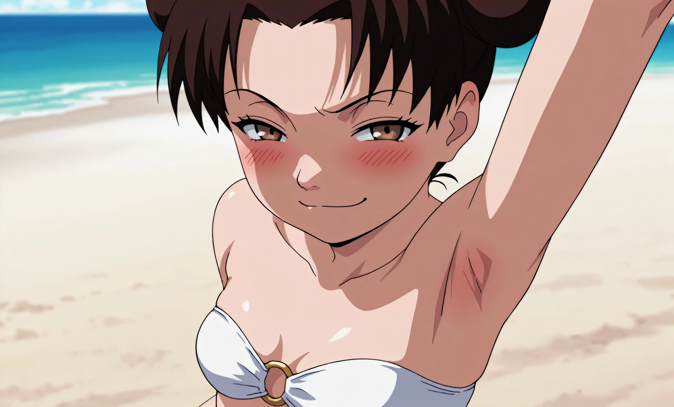 looking at the camera、When I Look at You、lookatviewer、Anime Style、Eroge、1 Girl,  (Huge breasts), (Tight white cropped camisole)、Low Angle、Brown haired, hair band、Bob Hair、The forehead is visible、blush,The whole body is visible:1.5、Dolphin Shorts、Cleavage、O-neck、Camisole with buttons on the chest