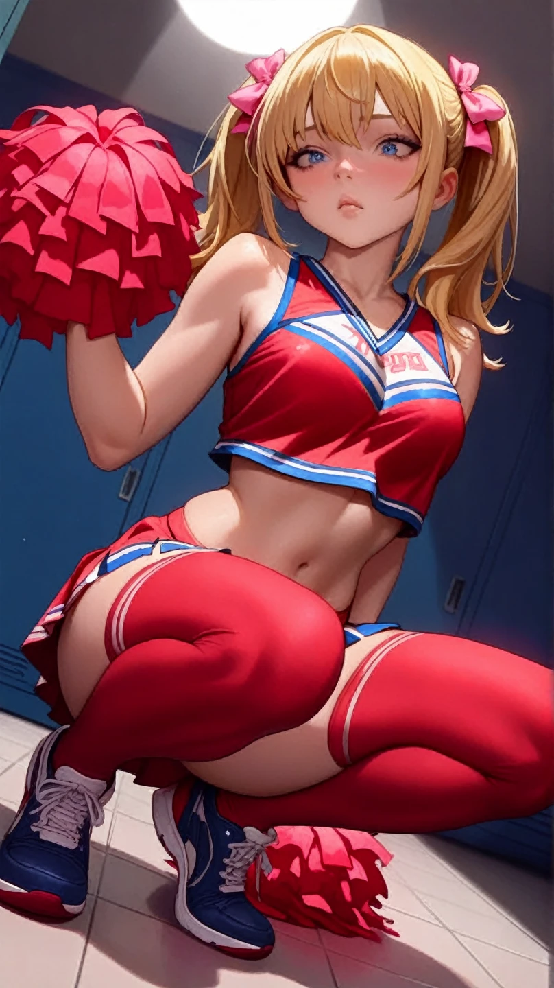 A blonde, mature cheerleader in a leotard, sweaty and taking a break, putting on white boots in the locker room.
