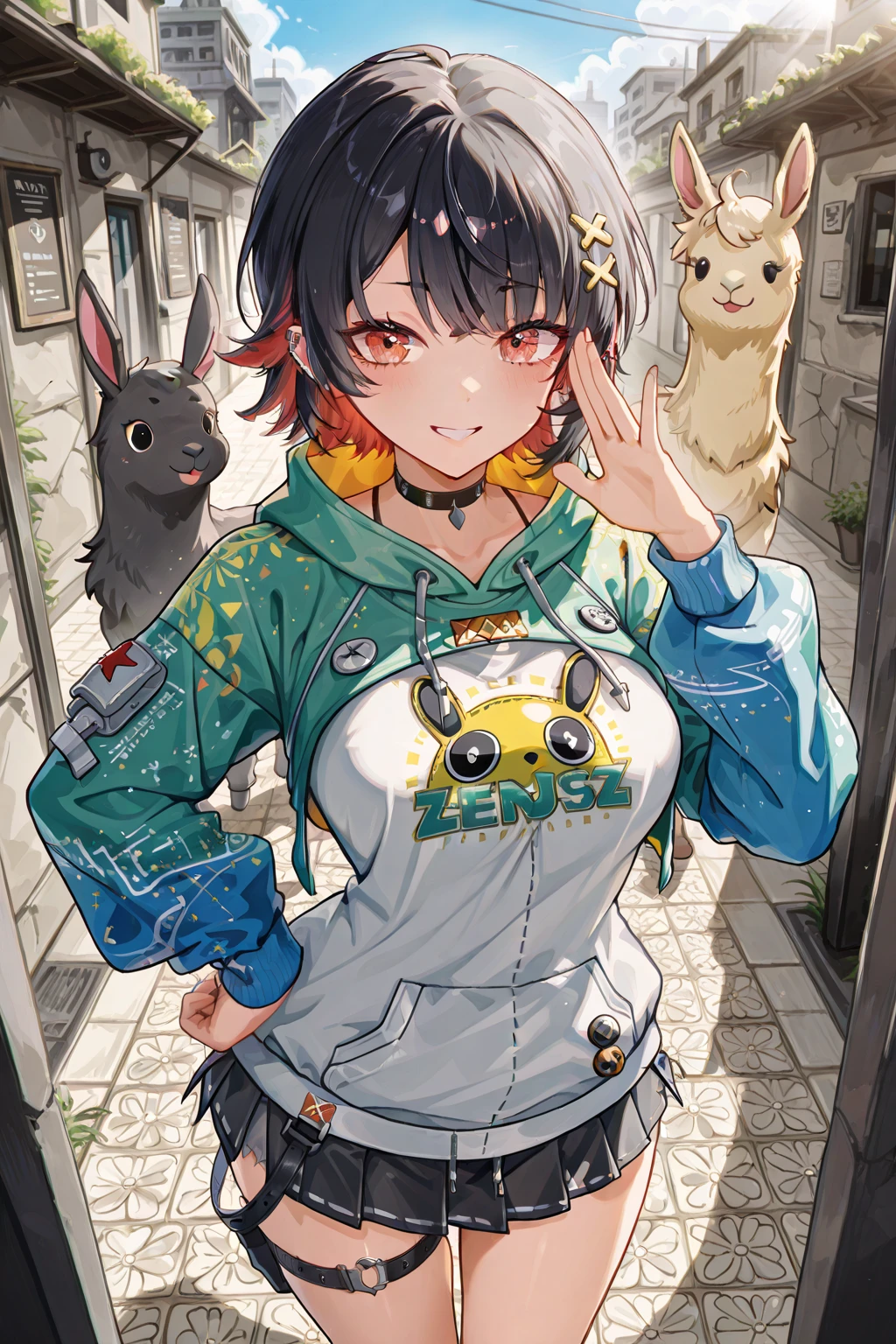 ((ultra quality)), ((masterpiece)), anime style girl with short black hair with red tips and asymmetrical bangs (inspired by Ellen Joe from Zenless Zone Zero), wearing futuristic casual tourist clothes, colorful sweatshirt with urban patterns, small cyberpunk gadgets, standing in Machu Picchu, taking a picture of a llama with a high-tech phone, background of ancient stone ruins and green Andes mountains, sunny day, vibrant atmosphere, playful interaction with the llama, mix of Peruvian tradition and modern technology style