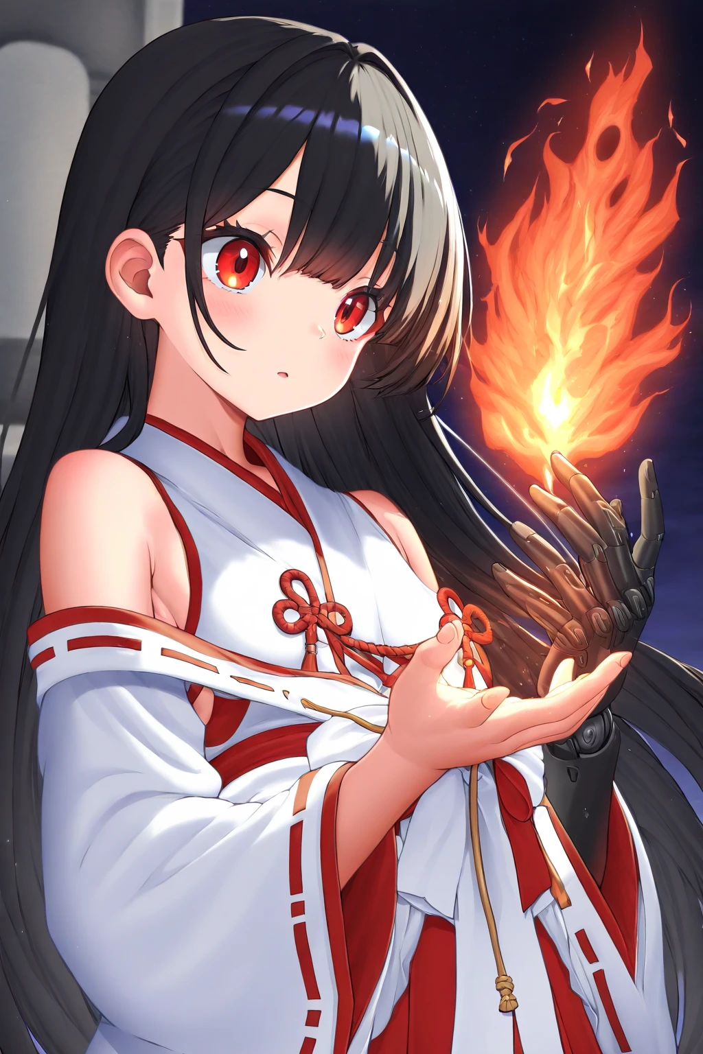 top quality、Cyber Priestess、red eyes、glossy black hair long hair(Japanese、bangs)、Mechanical arm(Flames from the palm of your hand)、dynamicに炎を纏う、shrine maiden costume with futuristic design(Digital pattern)、dynamic、Phoenix made of flames behind、Fire