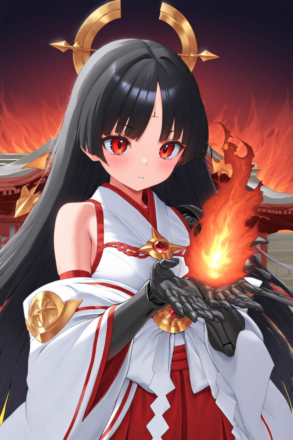 top quality、Cyber Priestess、red eyes、glossy black hair long hair(Japanese、bangs)、Mechanical arm(Flames from the palm of your hand)、dynamicに炎を纏う、shrine maiden costume with futuristic design(Digital pattern)、dynamic、Phoenix made of flames behind、Fire