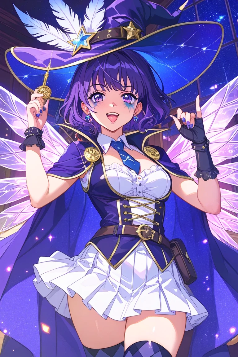 highest quality、Female 1,22 years old,All limbs、Perfect limbs、Accurate anatomy、Detailed depiction,Super beautiful woman,Slender beauty、short hair、Black Hair、Purple Eyes,Pink Cheeks,Beautiful Skin,White and purple idol costume、Dark purple panties、Knee-high socks、Beautiful big breasts、Exposed thighs,Live Stage、sing、Dancing、(Provocative smile),The golden spotlight shines on her.