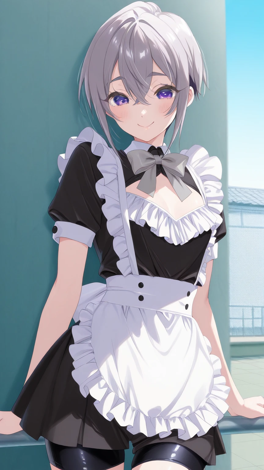 nanakusa nazuna, 1girl, :d, apron, bangs, black skirt, blue eyes, blunt bangs, braid, indoors, head tilt, heart, light blush, looking at viewer, maid, maid apron, maid headdress, open mouth, purple hair, shirt, short hair, side braid, single braid, skirt, smile, solo, teeth, upper teeth only, white shirt, <hypernet:sgqo1n:1> <lora:nazunaNanakusaCallOfThe_1:0.6>