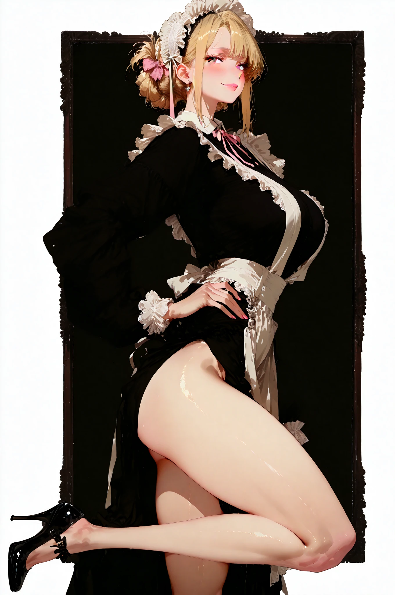 a single (mature MILF BIMBO albino skin and short white hair), (FULL BODY) perfect face, wearing tight leather bandages, BIG KNOCKERS CLEAVAGE, lustful smirking smile red blush red cheeks, chain leash, kneeling, shackles, leather black collar slave, ((BLACK background)) WITH KNOCKERS on glass, glass window fog water drop, metal handcuffs clenching fist, black choker collar, thigh highs, long legs, metal ankle, metal sandals, metal shoulders, standing straight symmetrical against glass