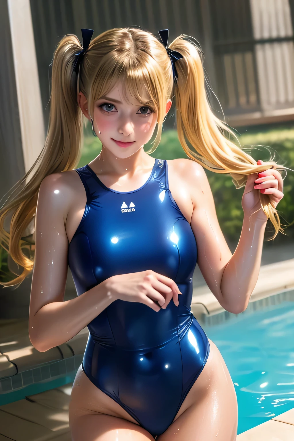 (realistic:1.3), finely detailed, quality, rembrandt lighting, (masterpiece:1.2), (photorealistic:1.2), (best quality), (detailed skin:1.3), (intricate details), dramatic, ray tracing, 1girl, french girl, marierose, 21 years old, detailed skin texture, (blush:0.5), (goosebumps:0.5), subsurface scattering, smiling, medium breasts, very long twin tails hair, blonde hair, hair ribbons, blue one-piece swimsuit, arms, shoulders, sleeveless, lace collar, bow, frills, dynamic pose, (beach, sea, early morning, splashing in the sea, tropical island, tropical paradise, clouds), <lora:MarieroseV1:1>