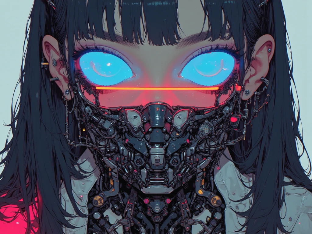 (masterpiece, best quality, intricate, detailed, ornate, vibrant colors), backlight, cyberpunk, (glowing, fluorescent), (cyan theme), portrait, (head and torso), woman, mask, biomechanical, (mechanical parts), mechanical neck, glowing eyes, looking at viewer, demon horns, blunt bangs, bob cut <lora:girl_with_mask_lora013:0.8>,