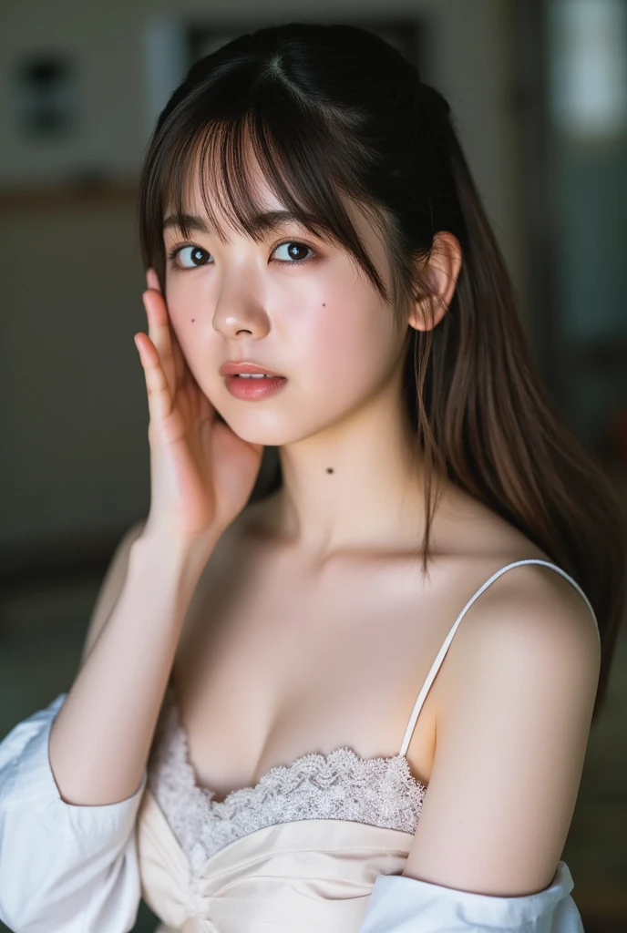 masterpiece, highest quality, 8k, 20th Generation, Large Breasts, cute, alone, sad, cute, Girlish, Delicate girl, Pure beauty, RAW Photos, Professional photography, Portraiture, Soft Light, Professional Lighting, Backlight, Upper Body, avert your eyes, Sophisticated, Film Grain, (Eyes and facial details:1.0), Short floating hair, Beautiful, flowing hair, bangs, (In underwear(pastel colour))、(Large Breasts:1.0)、You can see a little cleavage、Dolly Makeup、Translucent white skin、White Breasts、Odd Eye、The colour of the left and right eyes are different