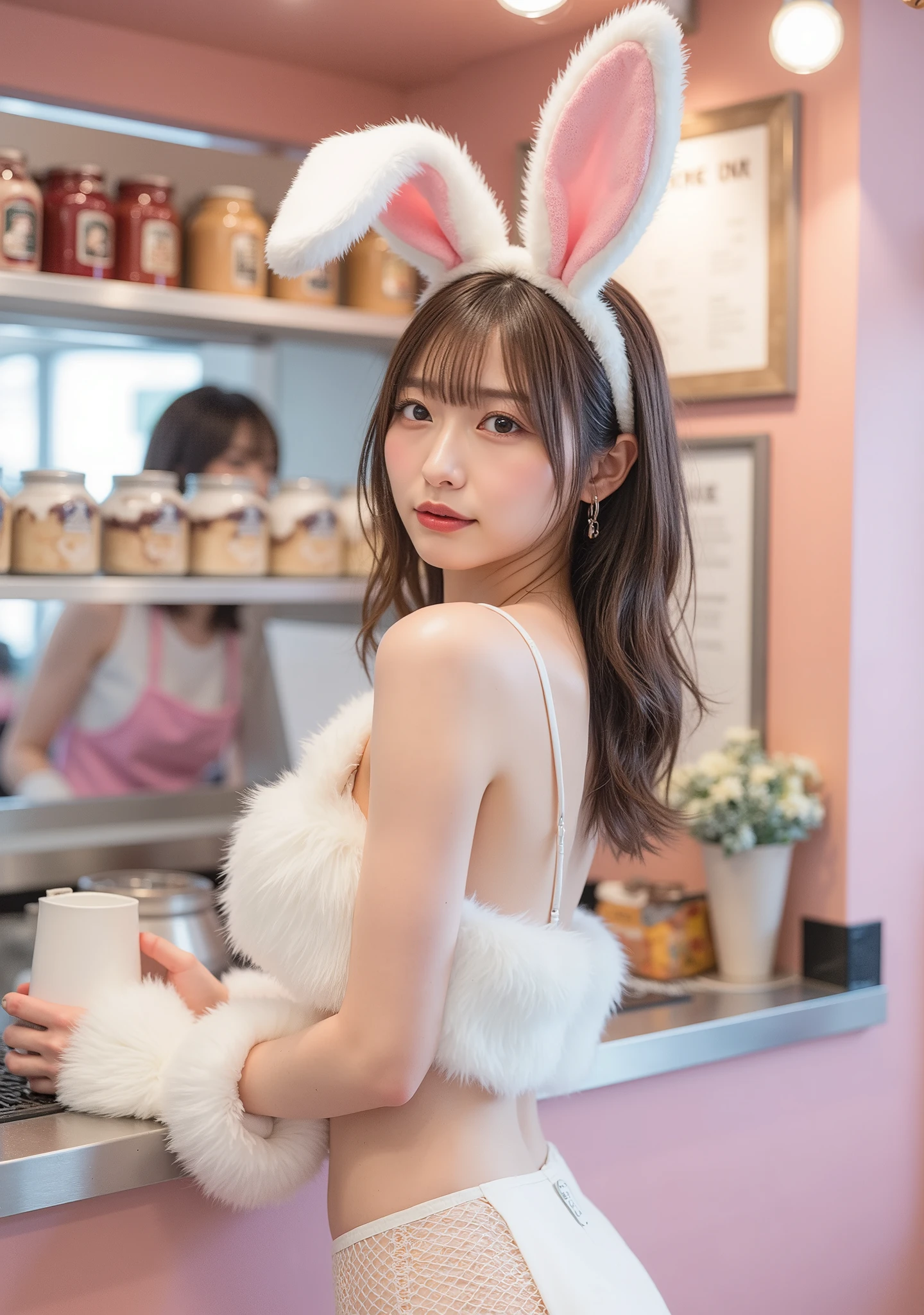 (top quality、table top、8k、best image quality、超A high resolution:1.5, (Photorealistic:1.4),masterpiece:1.2,(top-quality:1.4)、Raw photo)、Woman working at a cafe、Cafe staff uniform、Fluffy White Bunny Girl Outfitを着た若い女性、Beautiful Elegant Japanese Woman、Most Elegant and Cozy Cafe、The most natural cafe、Most Ambient Warm Lighting、Stylish and Elegant Cafe、 Strongly blurred background 、 look at me and laugh、perfect and beautiful teeth with super high resolution、Ultra HD beautiful face、Super High Quality Beautiful Skin 、、30 years old、Beautiful, Detailed Eyes、detailed face、Beautiful skin、thin legs、Glamorous Hairstyles:1.3、Cute、 (RAW photo:1.2), (photorealistic:1.4), beautiful detailed girl, very detailed eyes and face、dynamic、brown hair、Warmly Illuminated Pendant Light、Soft Light Effects、Detailed hair flow 、Colorful and Lovely Atmosphere、Realistic shadows and highlights、pose where you can see your back and profile、Fluffy White Bunny Girl Outfitを着た若い女性、fluffy clothes、Fluffy White Bunny Girl Outfit、Soft Faux Fur、White Fluffy Crop Top and White Fluffy High Cut Shorts、White Fur Wrist Cuffs and Leg Warmers、white fishnet tights、playful sexy style