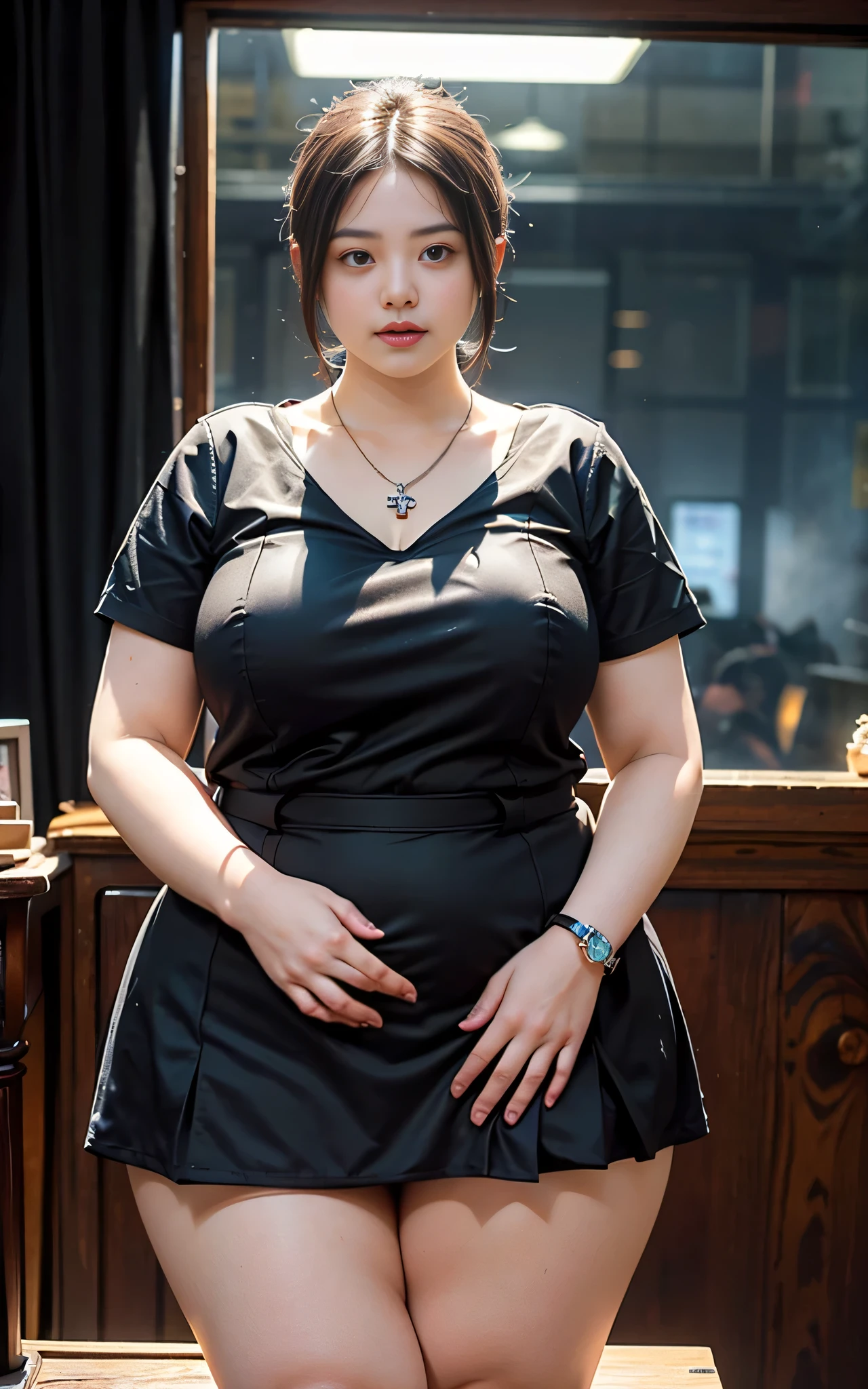 Chubby 32 year old woman ,brown hair brown eyes holding iPhone with slot game image necklace wearing low-cut black outfit ,money necklace with Allana&#39;s name sitting on a pink table full of money and a tiger on her side
