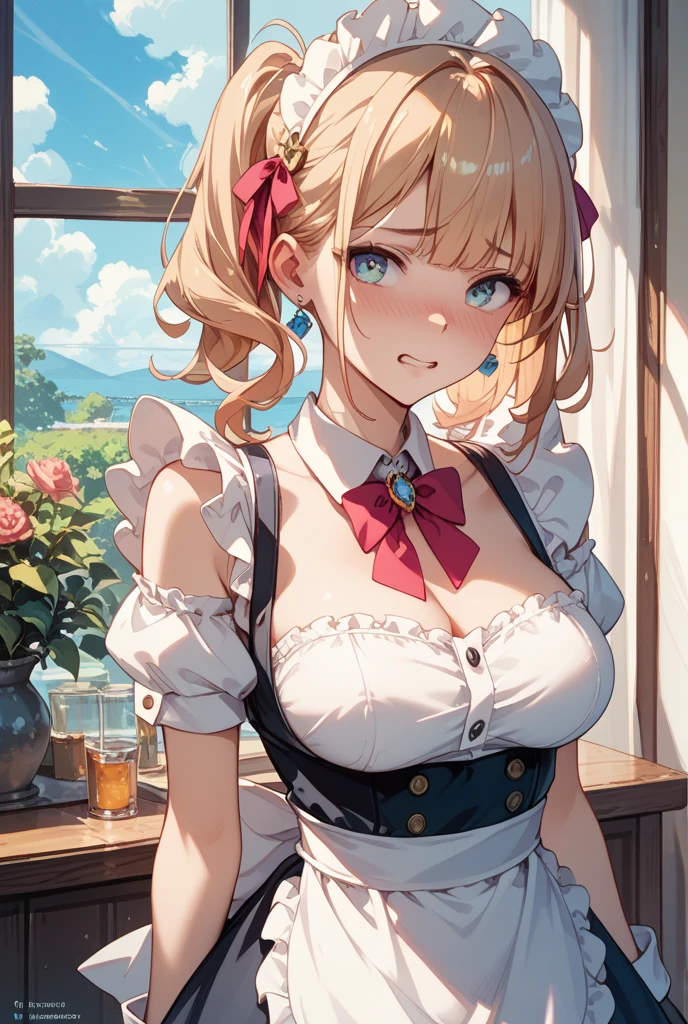 (best quality, masterpiece), (ultra high resolution, 8K RAW photo, photo realistics:1.5, cinematic lighting, textile shading, thin outline, clear focus:1.2), Beautuful Matured woman preparing tea_party in the garden, standing by the round table, serving a cup of tea, leaning forward, (meisen's tea set, tea pot, tea cups, some cakes on dish), delicate and classy French style white table with gold accents and royal_blue, (wearing brown maid uniform:1.5, breast cleavage, maid costume:1.2, long flare skirts, apron, bow ties on the chest), long tall sally, long legs, white hair, (wearing thin-flame glasses:1.2), (milf:1.5, 28 years old, solo), (large breast, sagging breast, big tits, narrow waist), (medium short white hair, hair over one eye, (updo hair:1.2), side lock, asymmetric hair, wavy hair), (fine bright pupils, high detailed eyes with highlight:1.3, high detailed face, Perfect face shape, eye rush), (seductitve smiling, half-closing eyes:1.2), (looking at viewers:1.3), (dutch angle, full body:0.3, from below:1.2), ((correct anatomy:1.5, correct hands)), (ideal ratio of body proportions), (outdoor:1.2, grass field),