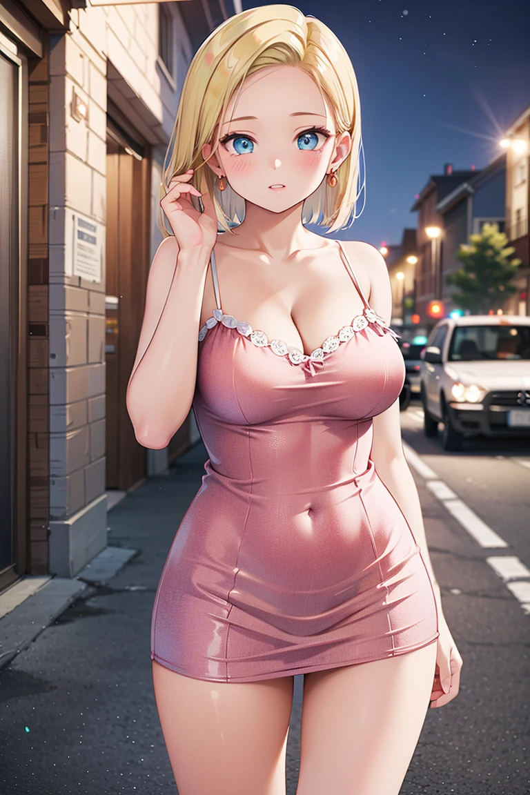 (This is a close-up shot of a gyaru Japanese girl:1.5), (standing in a city street:1.3), (at night with neon lights in the background:1.4), (solo:1.4), (1girl:1.4), (short bleached blonde hair with highlights:1.4), (heavy makeup:1.4), (dramatic winged eyeliner:1.3), (pouty pink glossy lips:1.3), (tanned skin:1.3), (wearing a skin-tight mini dress:1.4), (dress with criss-cross lacing on the sides:1.3), (thigh-high stockings:1.3), (detailed face:1.4), (beautiful detailed eyes:1.4), (shy embarrassed expression:1.4), (slightly flushed cheeks:1.3), (eyes looking slightly away:1.3), (large breasts:1.4), (slender curvy figure:1.4), (masterpiece:1.3), (best quality:1.4), (ultra high res:1.3), (photorealistic:1.2)