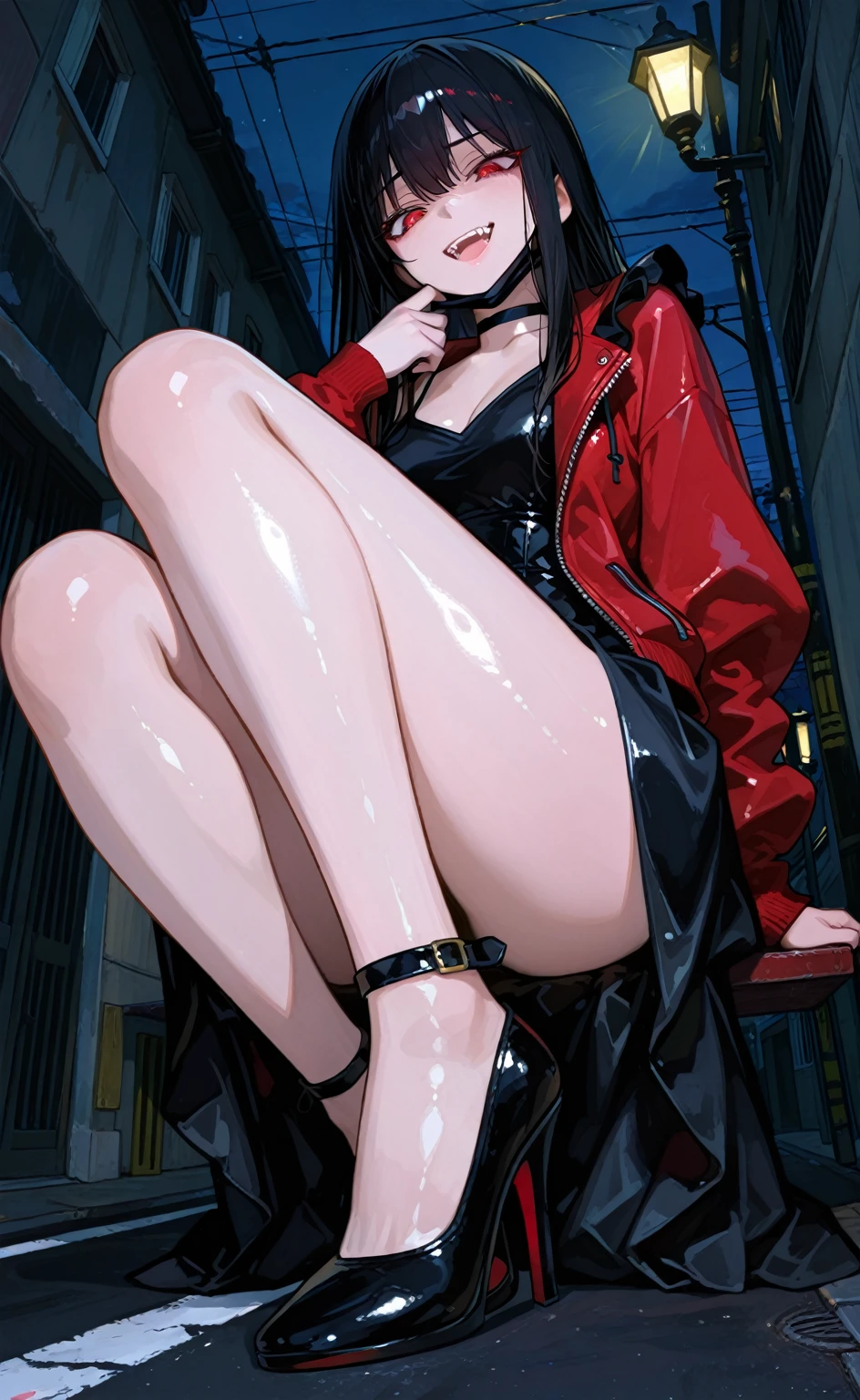 ((super high quality,))((Ultra-high resolution,))(16K,)(super masterpiece,)((Ultra HD ,))(Detailed shading,)Full body photo,One sexy mature woman,((Red collared shirt,popped Tight collar,))Folded sleeves,Black long gloves,(Glossy black pants, Black long boots,)Black hair straight short,Sharp Eyes,blush,Ahegao,smile,Cleavage,Cross Necklace,((Lying in bed,))Put your hands on your head,Sweaty,Spread your legs wide,A small amount of drooling,Love juice,